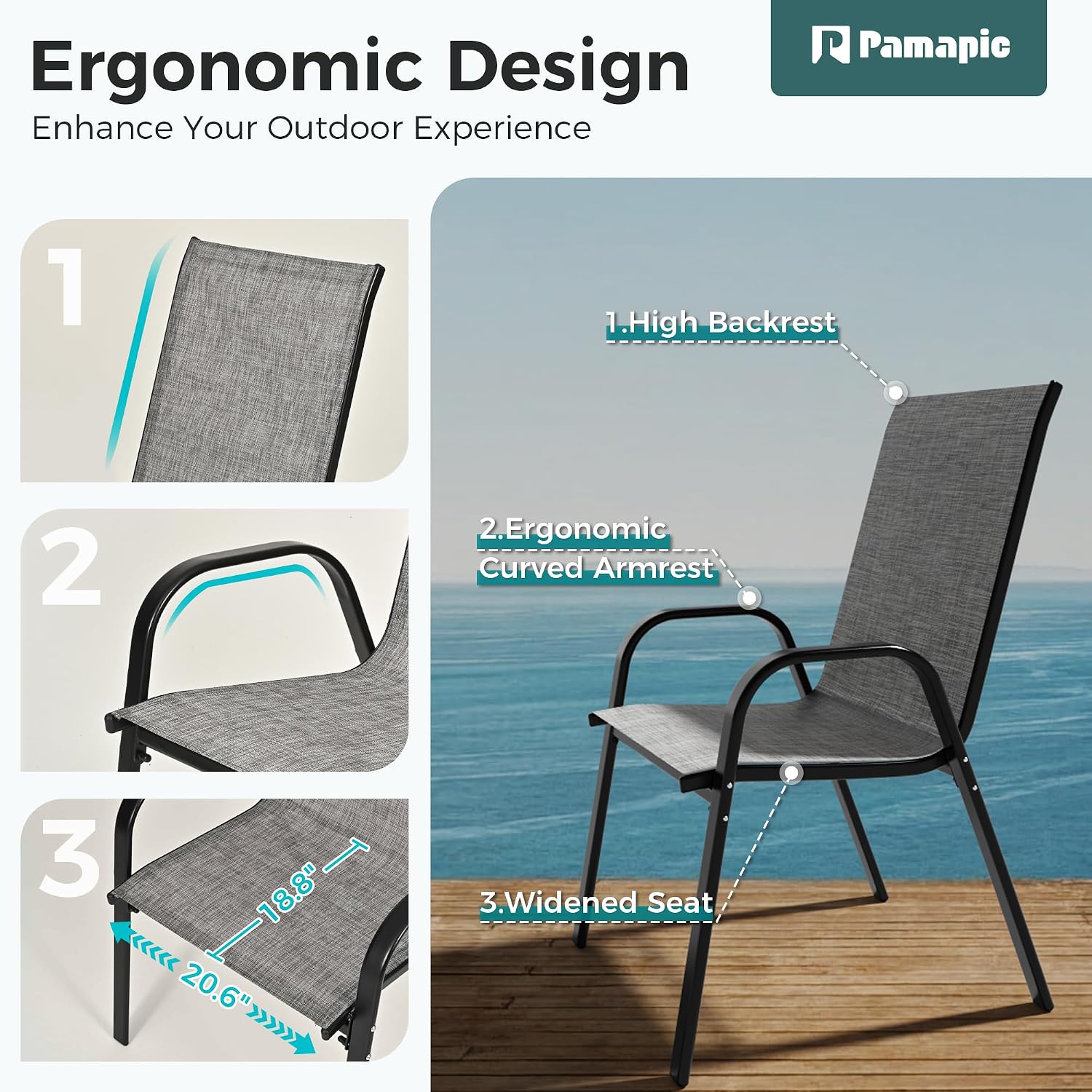 Pamapic Outdoor Dining Sets for 6, Rectangular Steel Slat Table with 6 Textilene Chairs, 7 Piece Patio Table and Chairs Set with Umbrella Hole for Patio, Garden, Backyard and Poolside (Grey)