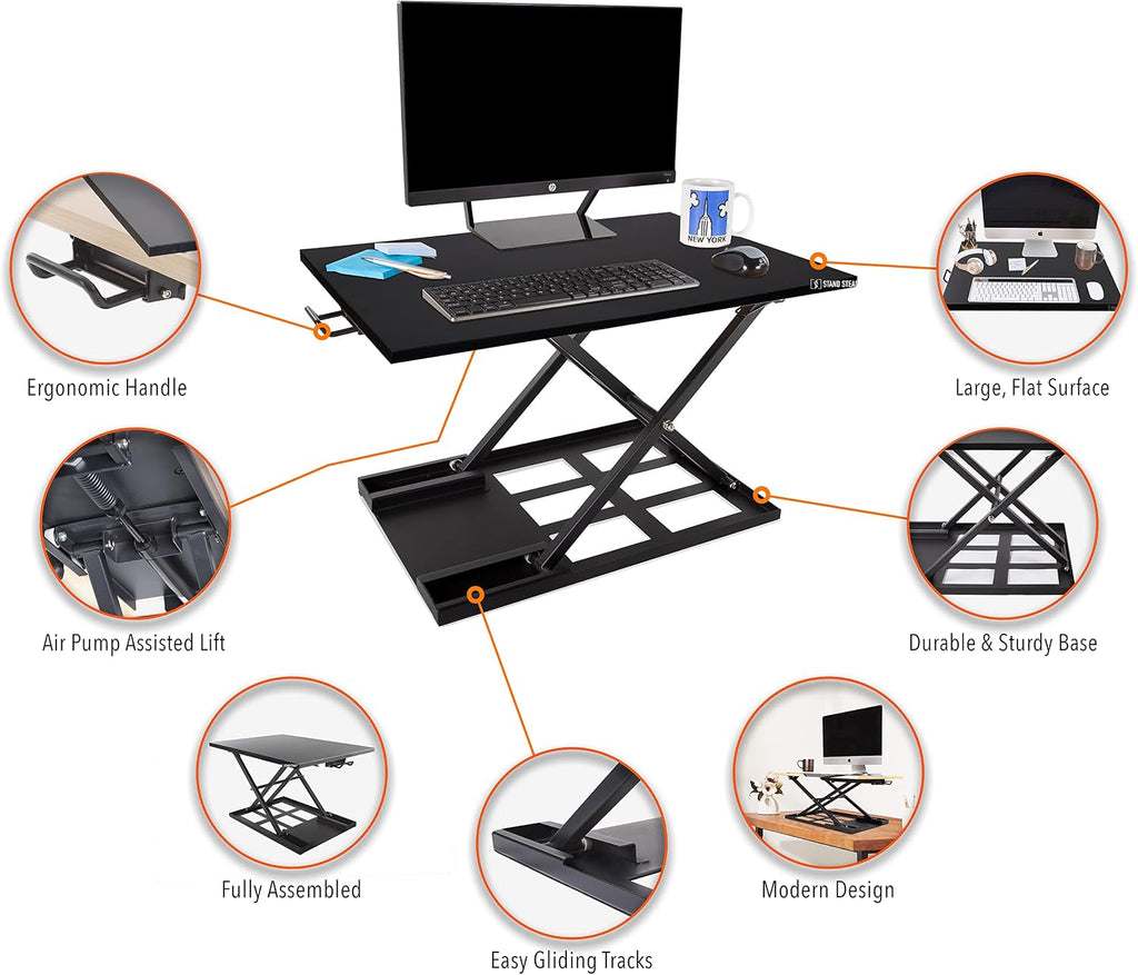 Stand Steady X-Elite Pro, Ergonomic Adjustable Height Standing Desk Converter for Home or Office, Easy Lift Sit to Stand Laptop Desk Riser for Laptop and Computer Monitor (Black, 28in x 20in)
