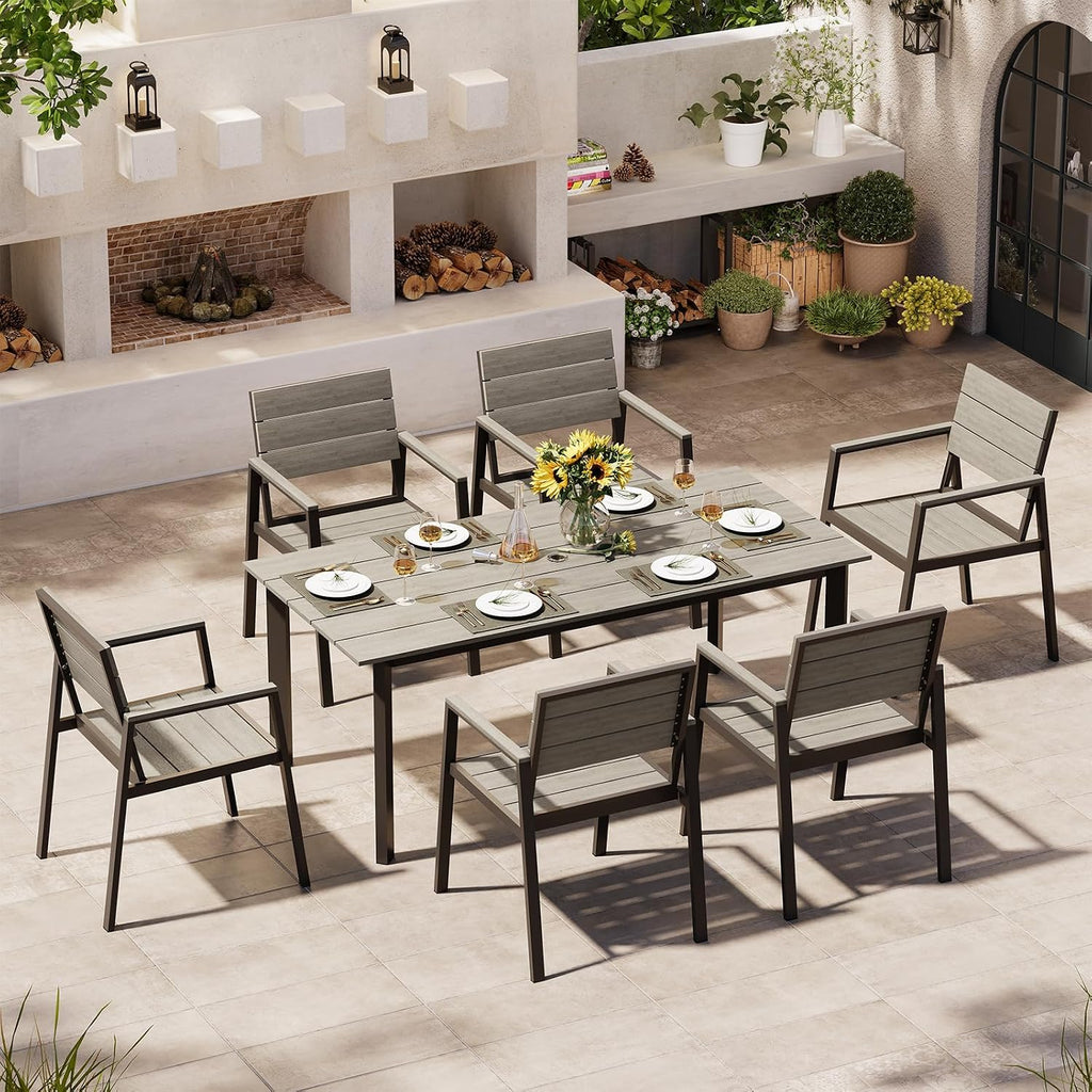 67'*32.3'*29.5' Patio Dining Table, Seamless Rectangle Aluminum + HDPS Outdoor Patio Dining Table with Umbrella Hole, Weather-Resistant for Lawn, Garden, Yard and Indoor Use (Gray)