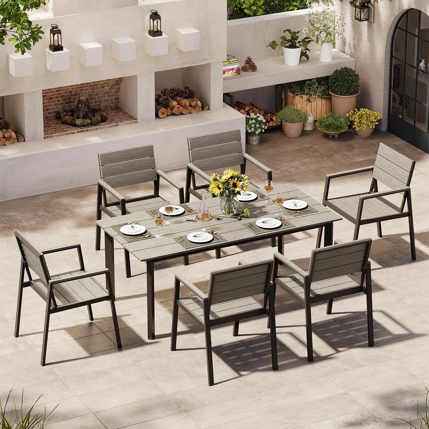 67'*32.3'*29.5' Patio Dining Table, Seamless Rectangle Aluminum + HDPS Outdoor Patio Dining Table with Umbrella Hole, Weather-Resistant for Lawn, Garden, Yard and Indoor Use (Gray)