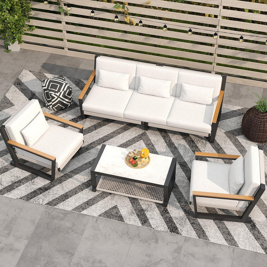 Aluminum Patio Furniture Set, Modern Metal Outdoor Conversation Sectional Sofa with Washable Thick Cushions, Coffee Table and Waterproof Cover (Grey, DWL-5Seat)