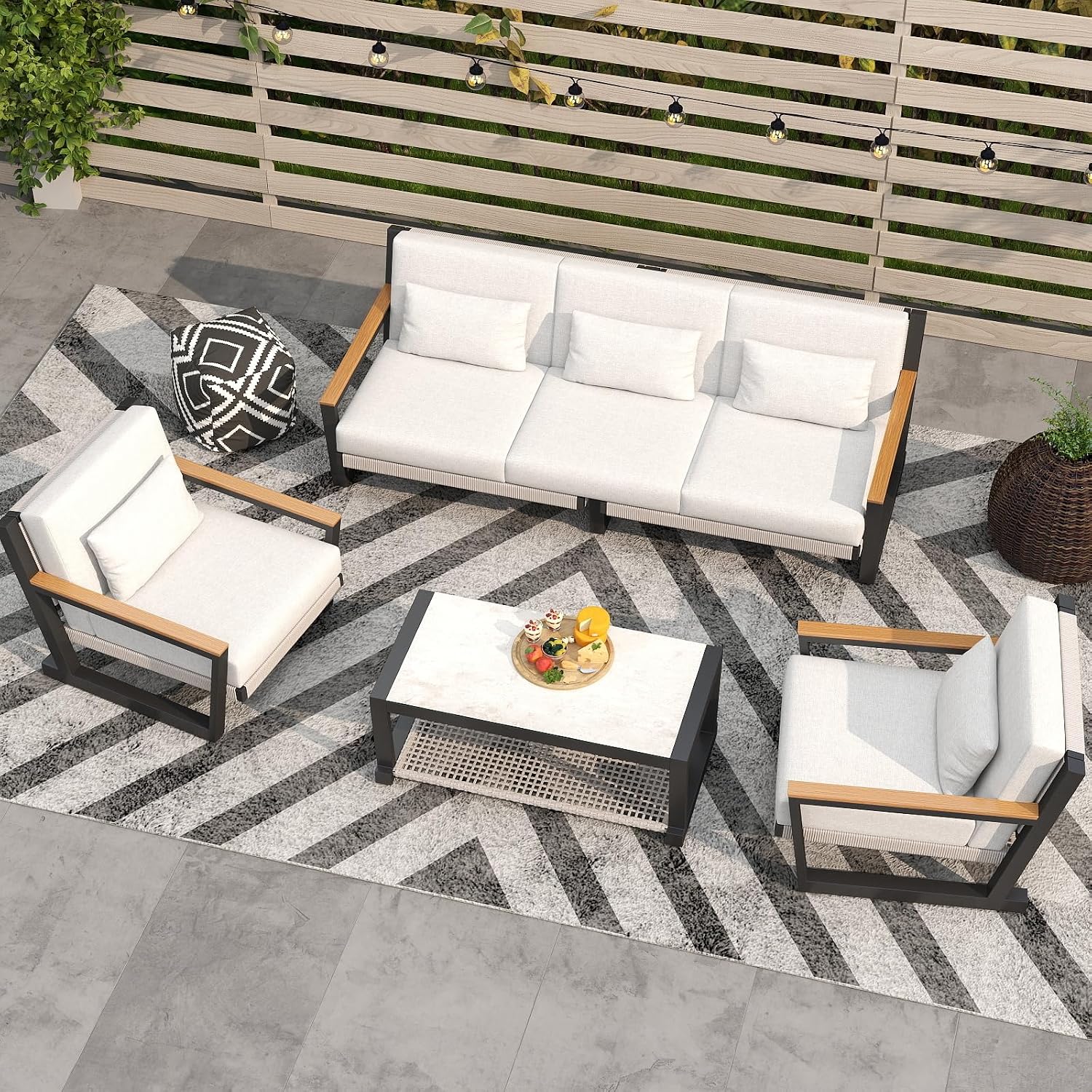Aluminum Patio Furniture Set, Modern Metal Outdoor Conversation Sectional Sofa with Washable Thick Cushions, Coffee Table and Waterproof Cover (Grey, DWL-5Seat)