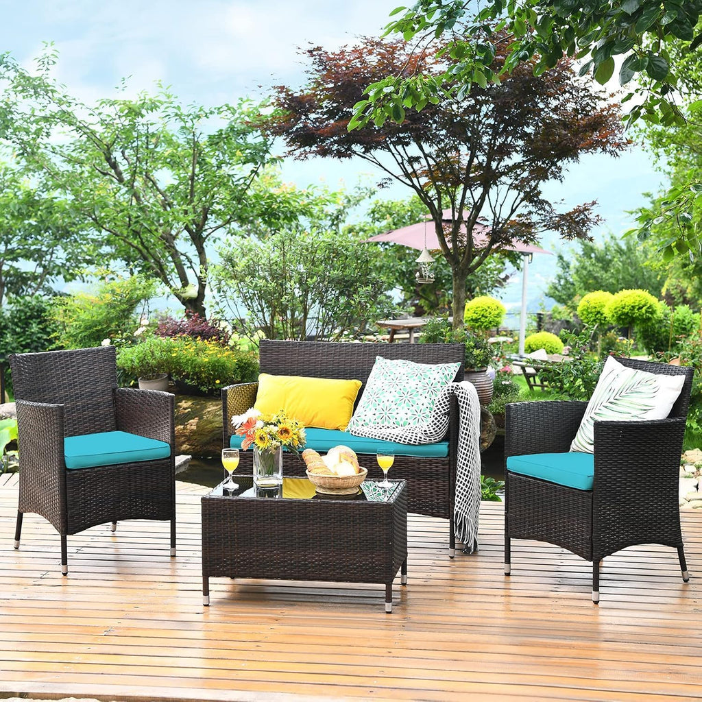 COSTWAY 8PCS Rattan Patio Furniture Set, Outdoor Wicker Rattan Chairs with Coffee Table, Rattan Cushioned Conversation Set for Backyard Balcony Porch Poolside, Turquoise