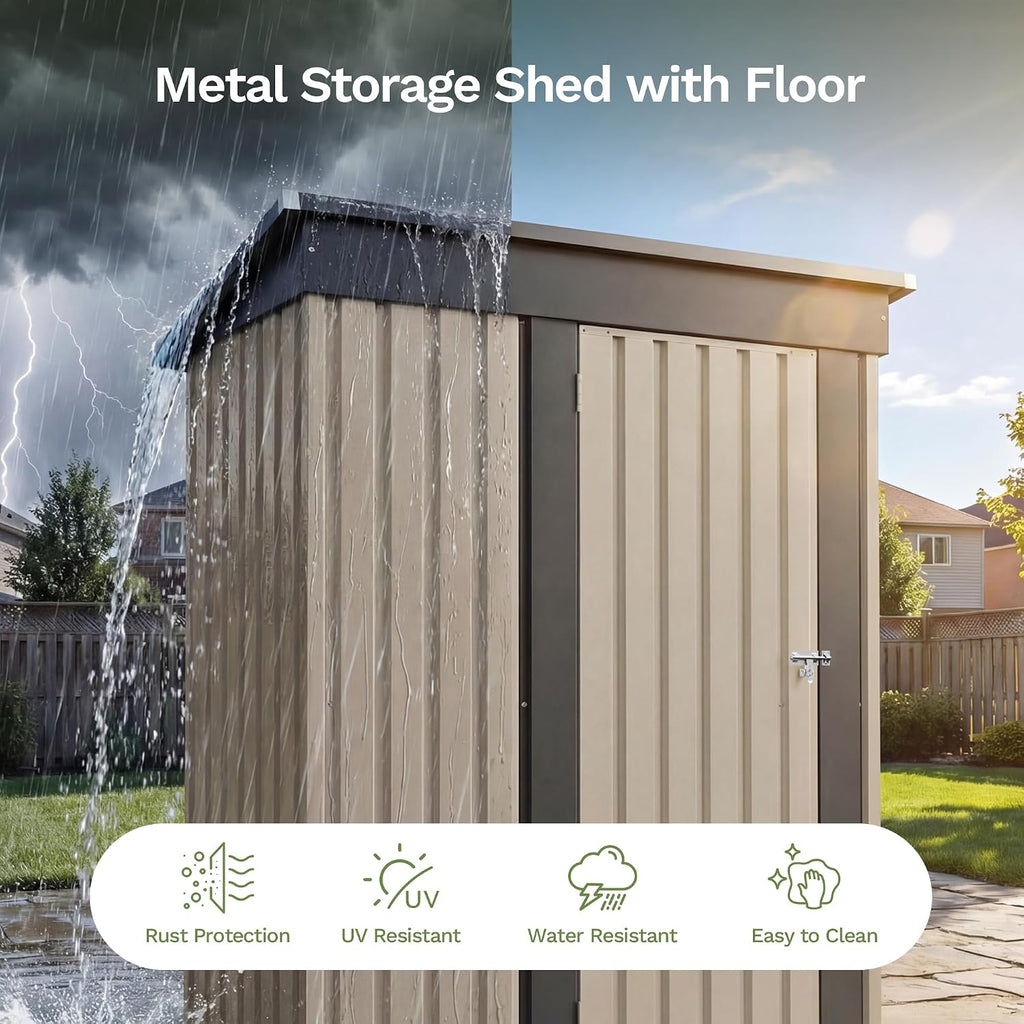 Patiowell 5x3 FT Outdoor Storage Shed with Floor Frame, Small Metal Garden Sheds with Sloping Roof and Lockable Door, Waterproof Patio Tool Shed for Backyard Garden Lawn, Brown