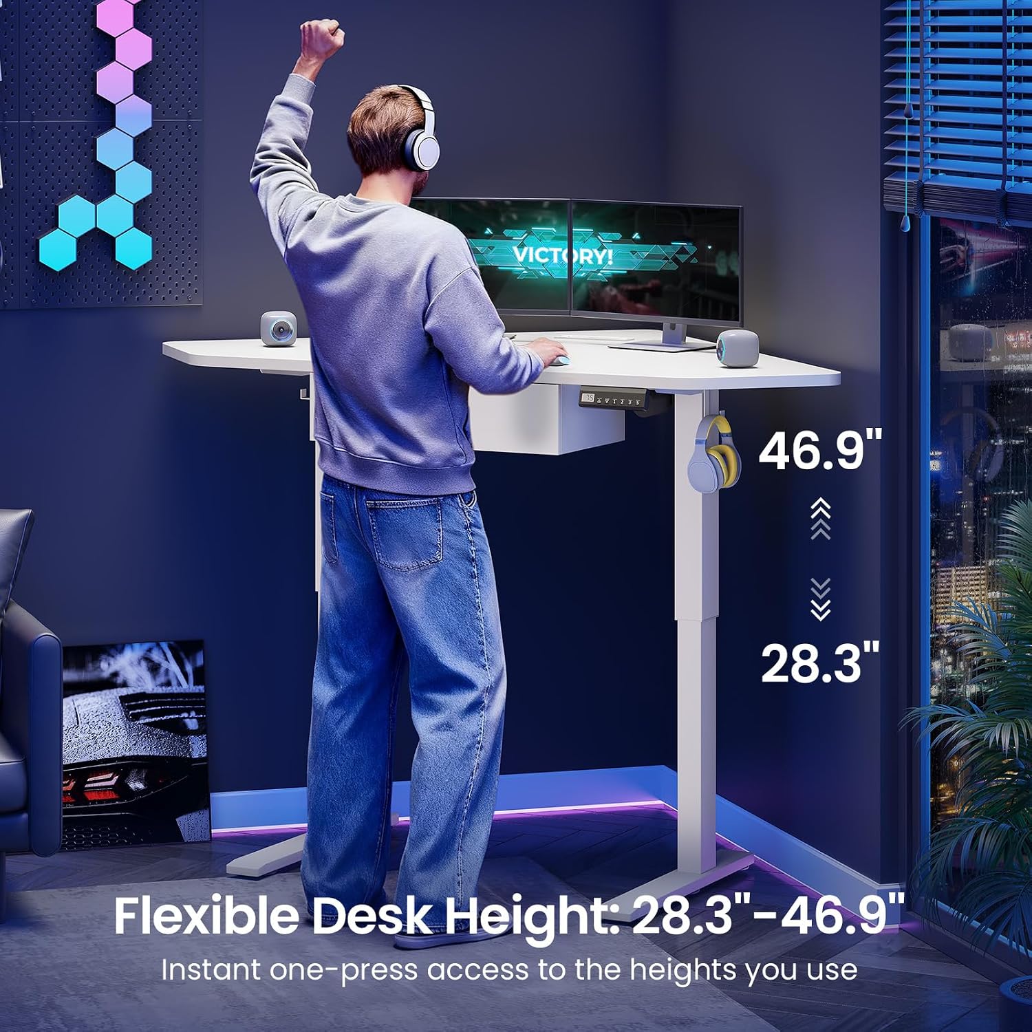 SEDETA Corner Standing Desk, 32'' Small Height Adjustable Electric Computer Desk with Drawer for Gaming, Small Space, Stand up Home Office Study Writing Desk, White