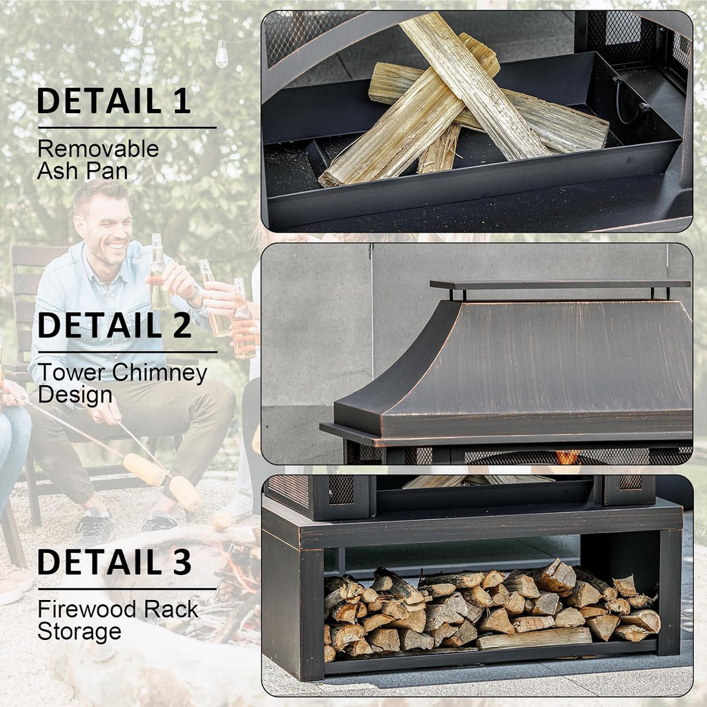 39' Fire Pits with Wood Storage for Outside, Large Wood Burning Outdoor Fireplace with Chimney, Mesh Spark Screen & Fire Poker, Idea for Backyard, Patio, Party, Camping, Picnic