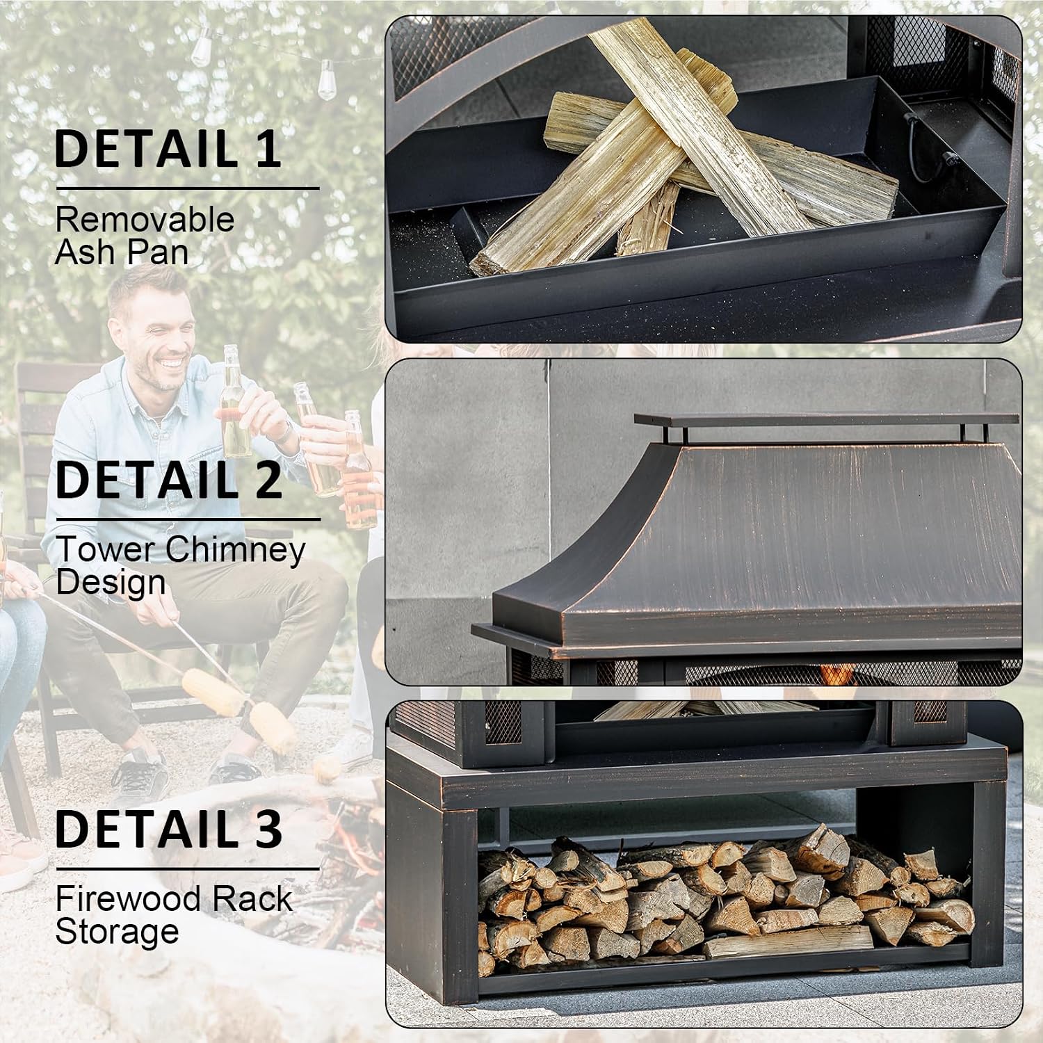 39' Fire Pits with Wood Storage for Outside, Large Wood Burning Outdoor Fireplace with Chimney, Mesh Spark Screen & Fire Poker, Idea for Backyard, Patio, Party, Camping, Picnic