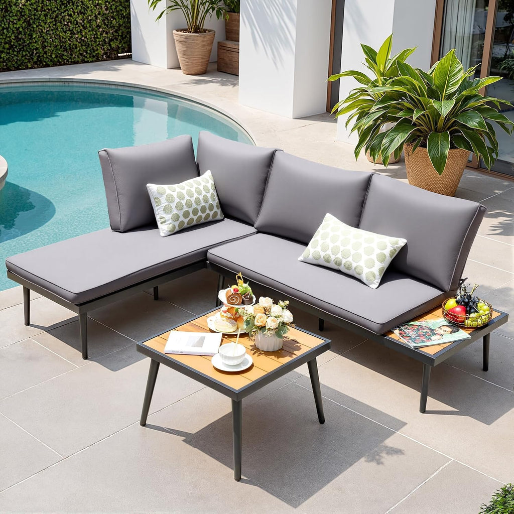 Devoko Patio Furniture Set,6 Pieces Outdoor Sectional Sofa with Cup Holder and 7.87in Wider Armrest, PE Wicker Backyard Couch Set with Coffee Table&Glass Tabletop for Deck, Porch