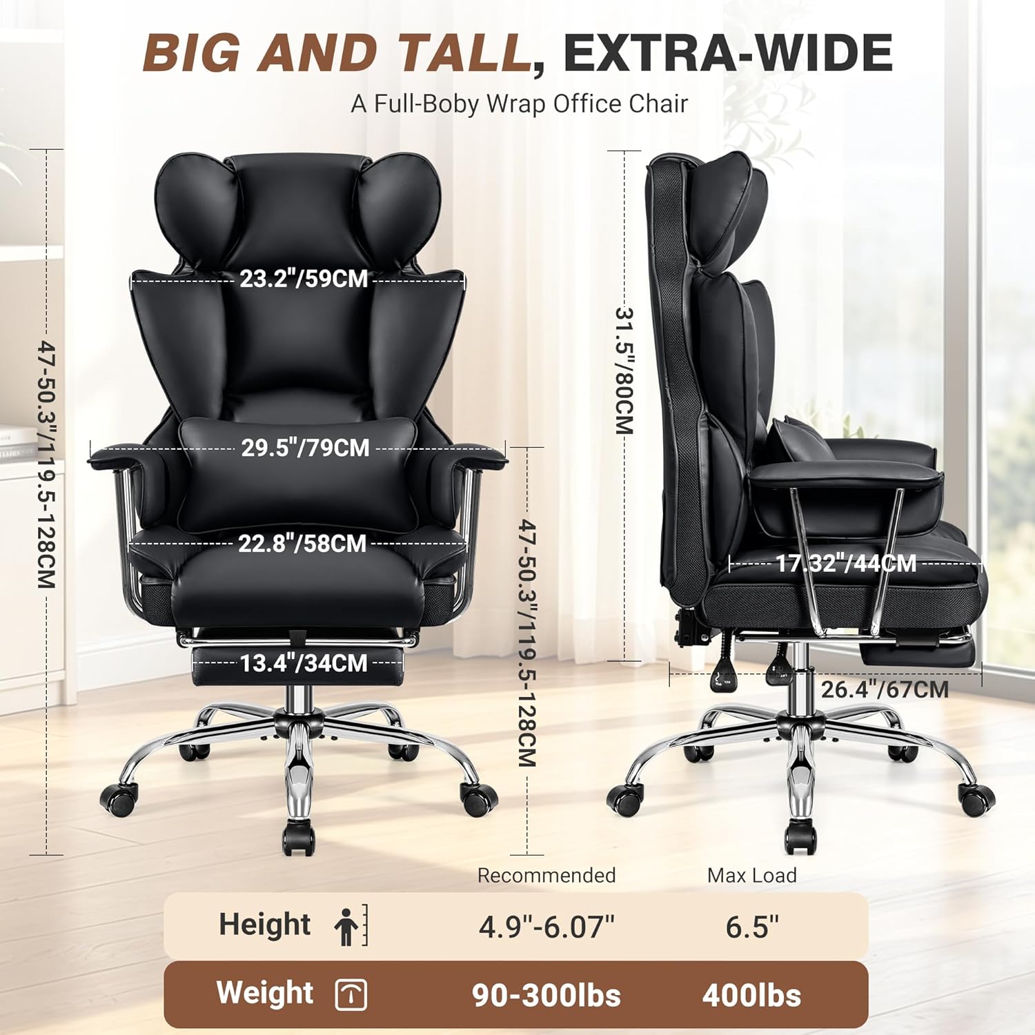 ALLGOD Big and Tall Ergonomic Office Chair with Footrest, High Back Executive Leather Office Chair, Reclining Computer Desk Chair, Comfy Heavy Duty Home Gaming Chair with Padded Arm, Black-4 Pack
