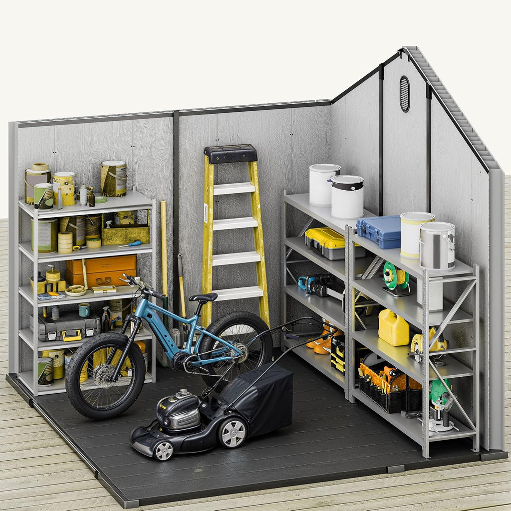 DWVO 8x8 FT Outdoor Storage Shed, Large Extra Thick Plastic Storage Shed with Oval Vision Windows & Lockable Door, 16mm Heavy Duty Outside Garden Shed with Floor & Vents for Patio Tool, Black&Gray