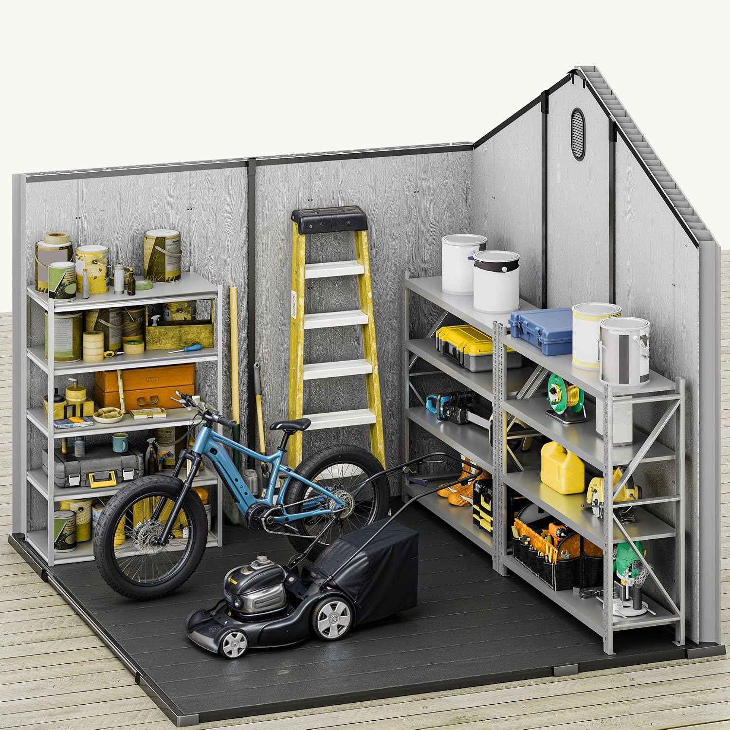 DWVO 8x8 FT Outdoor Storage Shed, Large Extra Thick Plastic Storage Shed with Oval Vision Windows & Lockable Door, 16mm Heavy Duty Outside Garden Shed with Floor & Vents for Patio Tool, Black&Gray