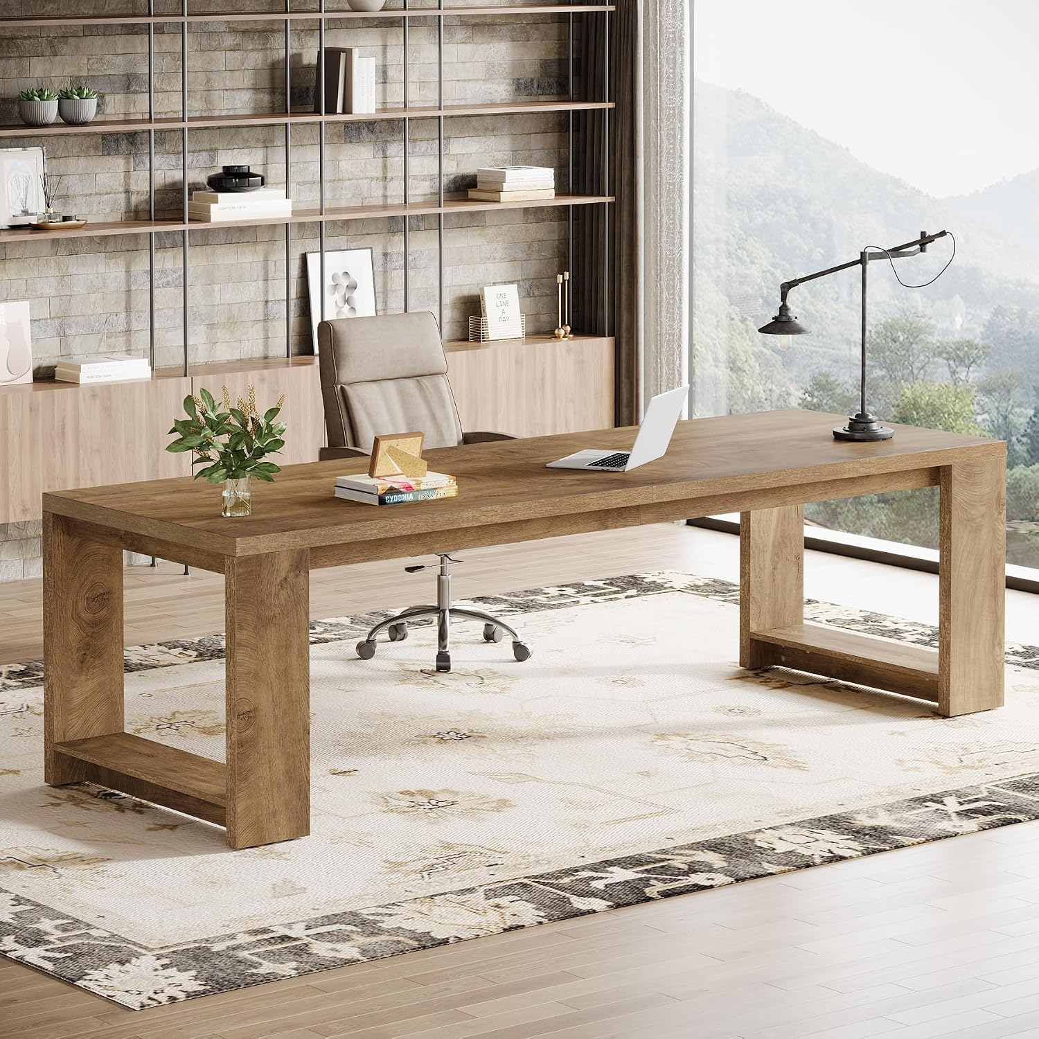 Tribesigns Two Person Desk, 86.6 Inches Extra Long Desk, Double Computer Writing Table, Wood Large Desks Workstation for Home Office, Natural Wood
