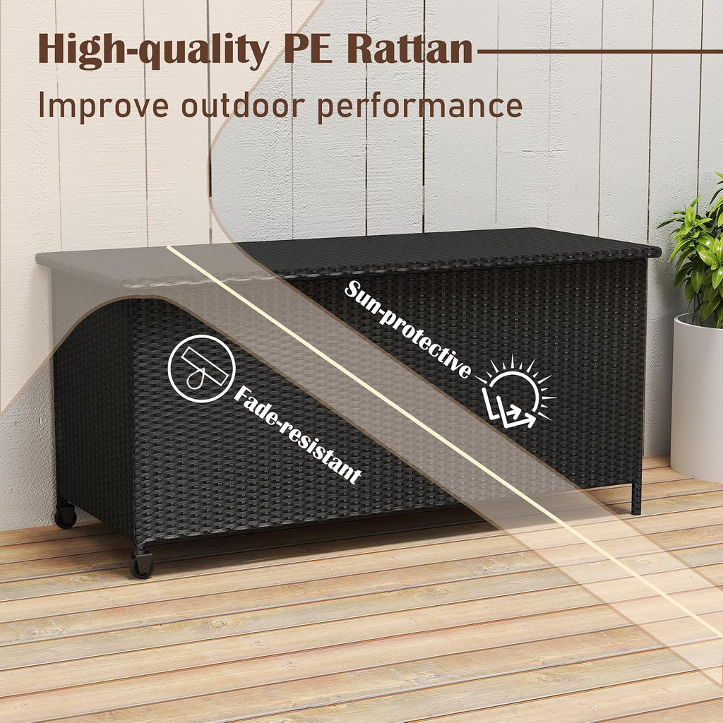 RELAX4LIFE 85-Gallon Deck Box with Wheels - Wicker Rattan Storage Bin Container w/Waterproof Liner & Gas Strut for Patio Cushions, Garden Tools, Pool Supplies, Indoor Outdoor Storage Box (Black)