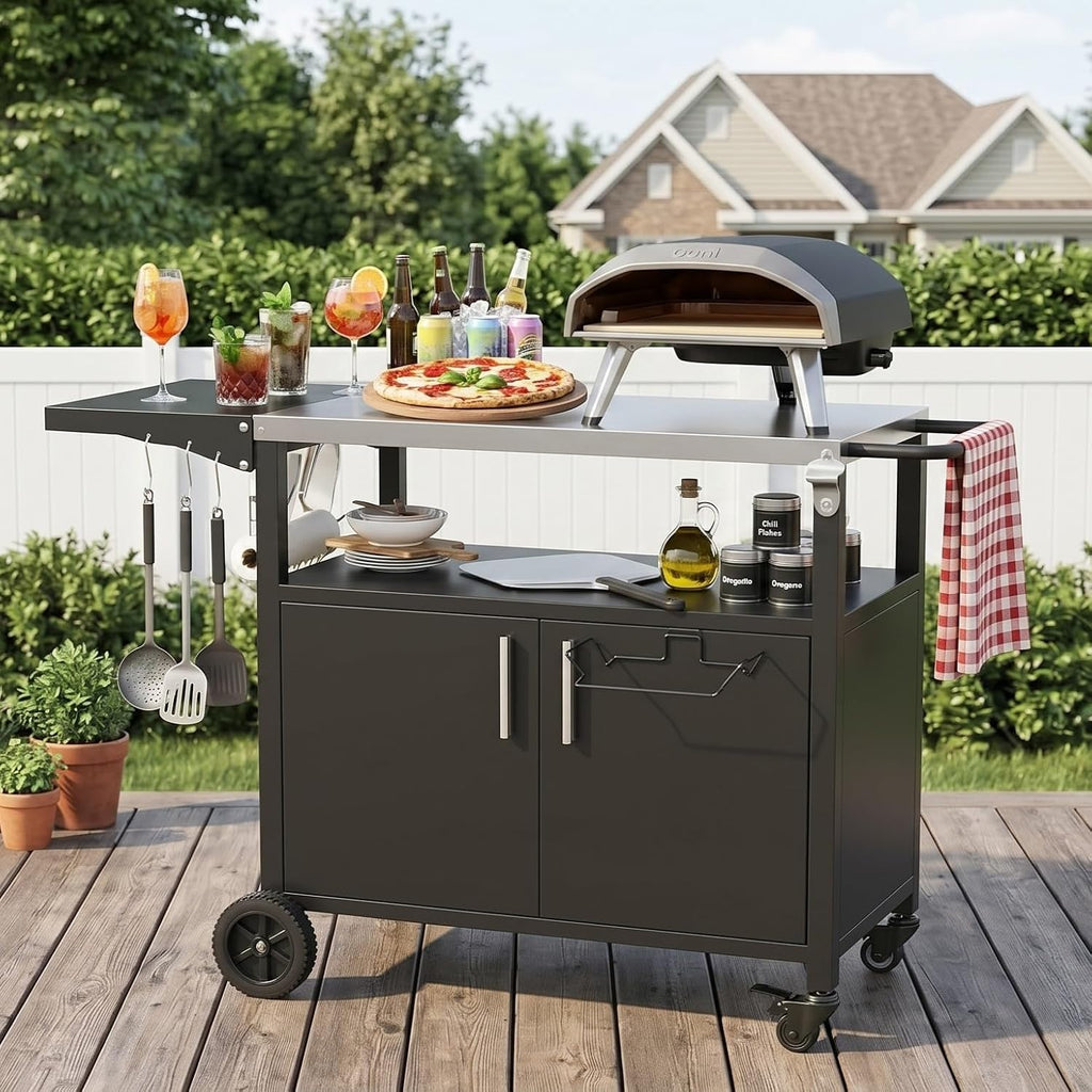 Vongrasig Outdoor Grill Cart, Patio Kitchen Island with Storage, Outdoor Bar Table BBQ Cart Pizza Oven Table with Foldable Stainless Steel Top & Wheels, Black
