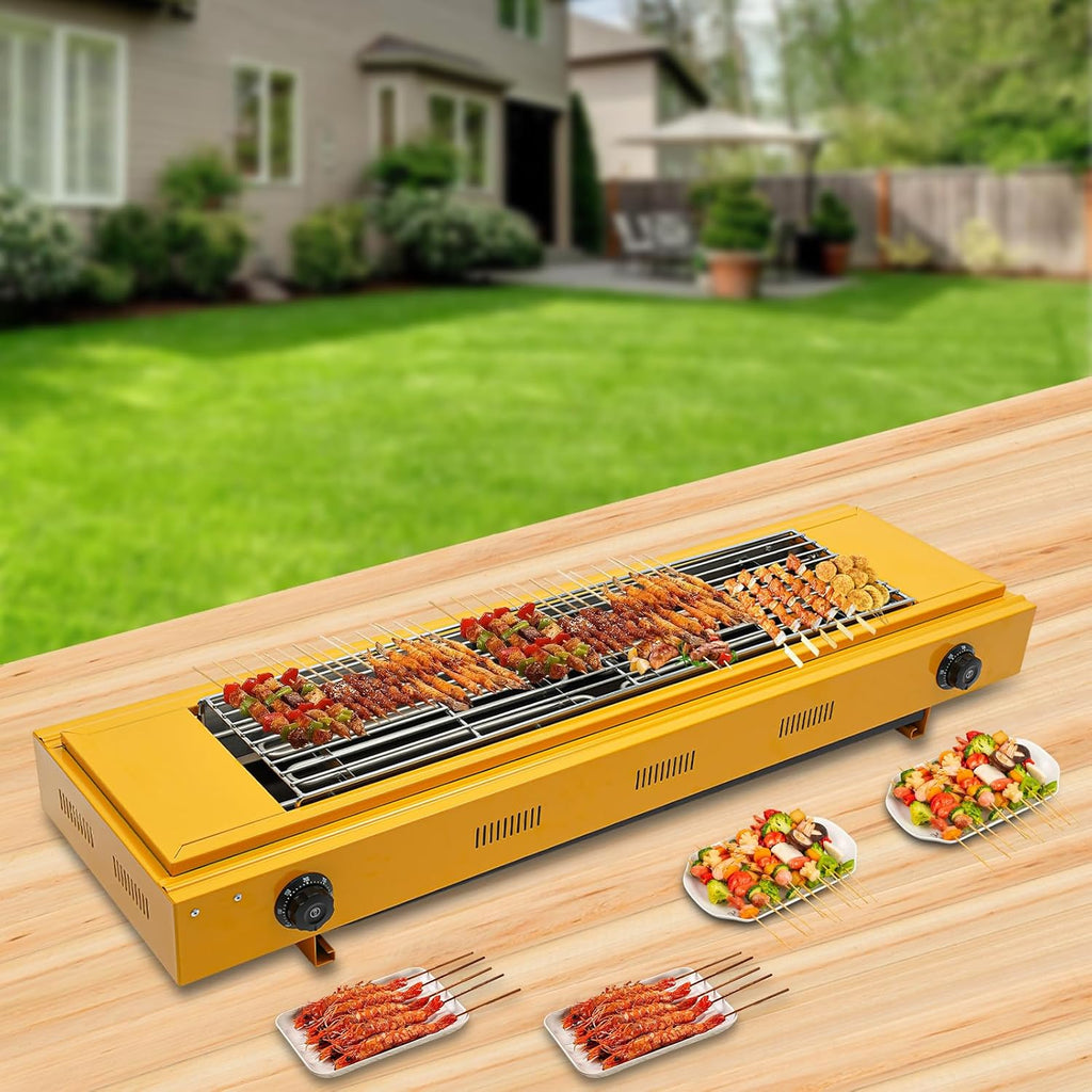 Double head Temperature Controlled Electric Grill, Adjustable Temperature Control to 572℉, Portable Outdoor Barbecue Grill, Household And Commercial Electric Skewer Grill Yellow