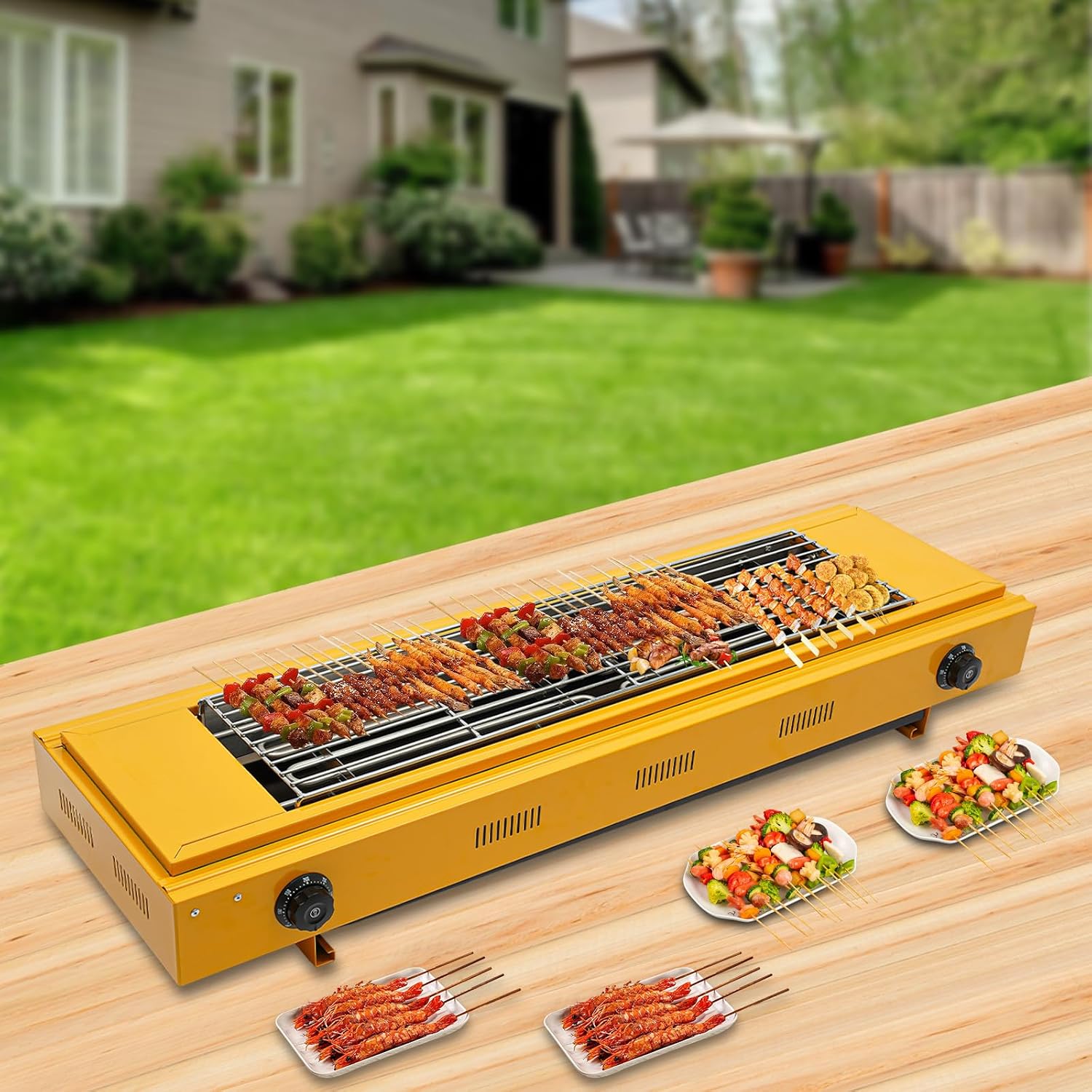 Double head Temperature Controlled Electric Grill, Adjustable Temperature Control to 572℉, Portable Outdoor Barbecue Grill, Household And Commercial Electric Skewer Grill Yellow