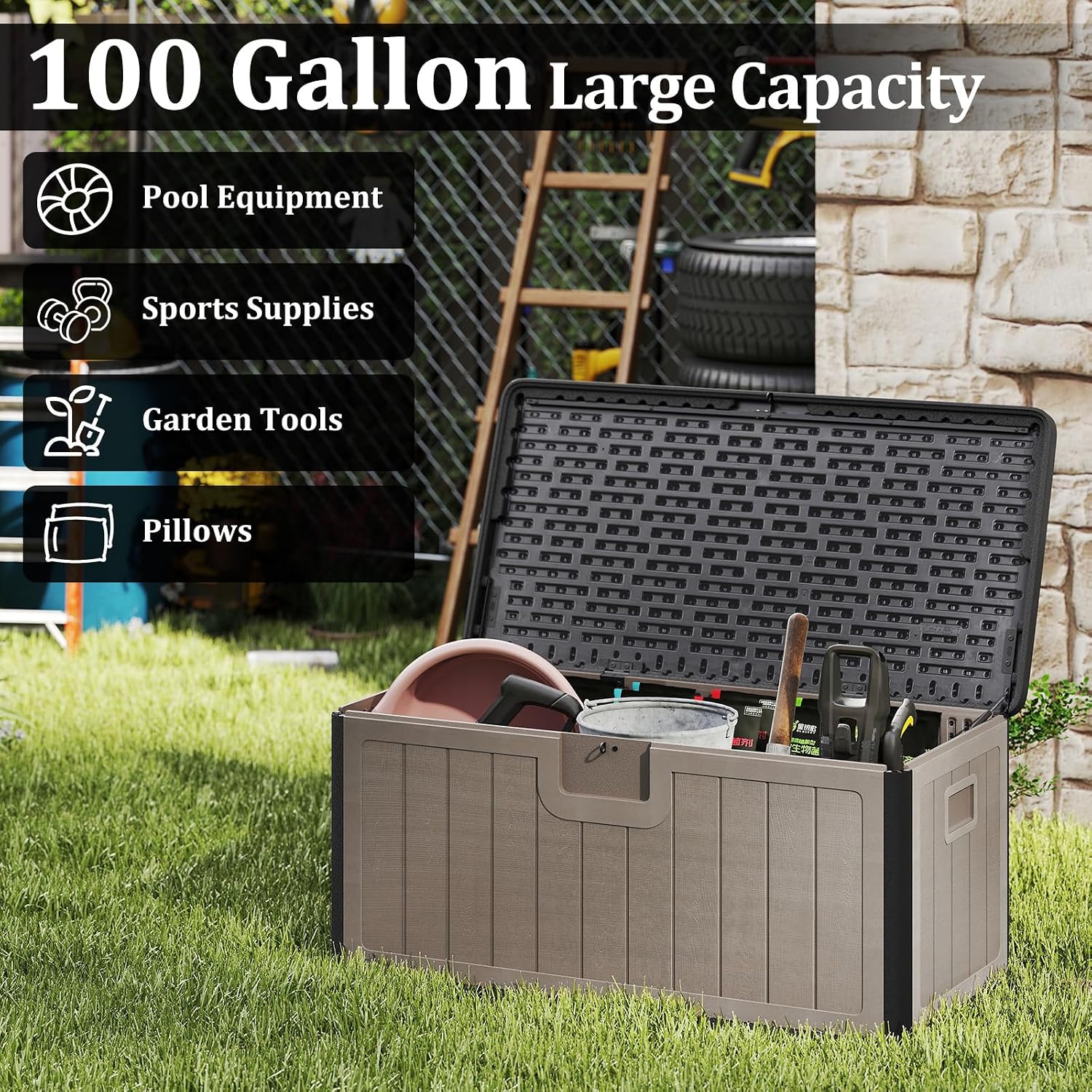 Tangkula 100 Gallon Outdoor Storage Box, Resin Outdoor Storage Bench with Lockable Lid, Waterproof Deck Box for Garden Tools, Pool Accessories, Cushions (100 Gallon,Black+Brown)