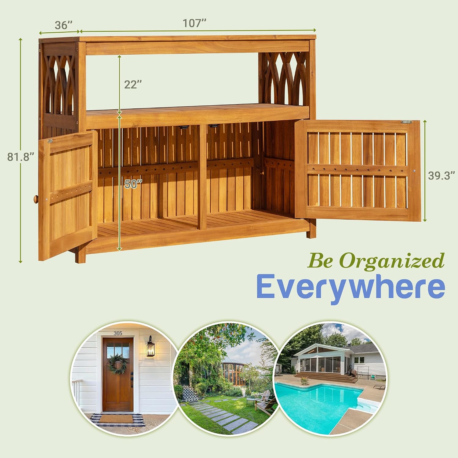 Greesum 2-Tier Outdoor Storage Cabinet in Acacia Wood, with 2 Magnetic Doors, for Garden, Picnic, Buffet, TV Stand, or Bar Table, Light Brown