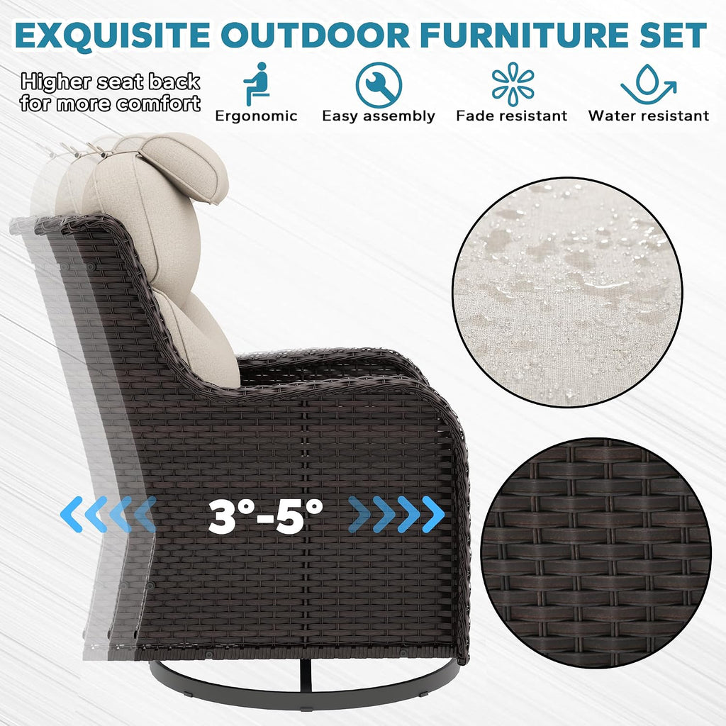 Patio Swivel Rocker Chairs of 2 with Ottomans and Side Table, 5 Pieces Patio Furniture Set, Outdoor Wicker High Back Glider Armchairs with Washable and Water-Resistant Cushions (Beige)