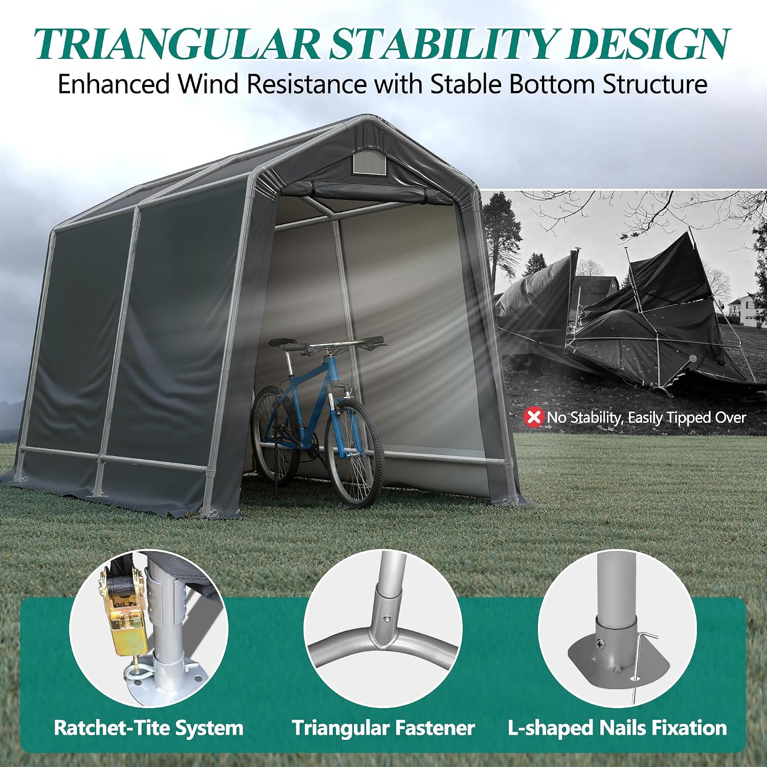 GARTOO 7' x 12' Outdoor Storage Shed- Heavy Duty Storage Shelter Tent with Roll-up Ventilated Door, Portable Garage Zipper Storage shed for Bike, ATV, Motorcycle Shelter, Gray