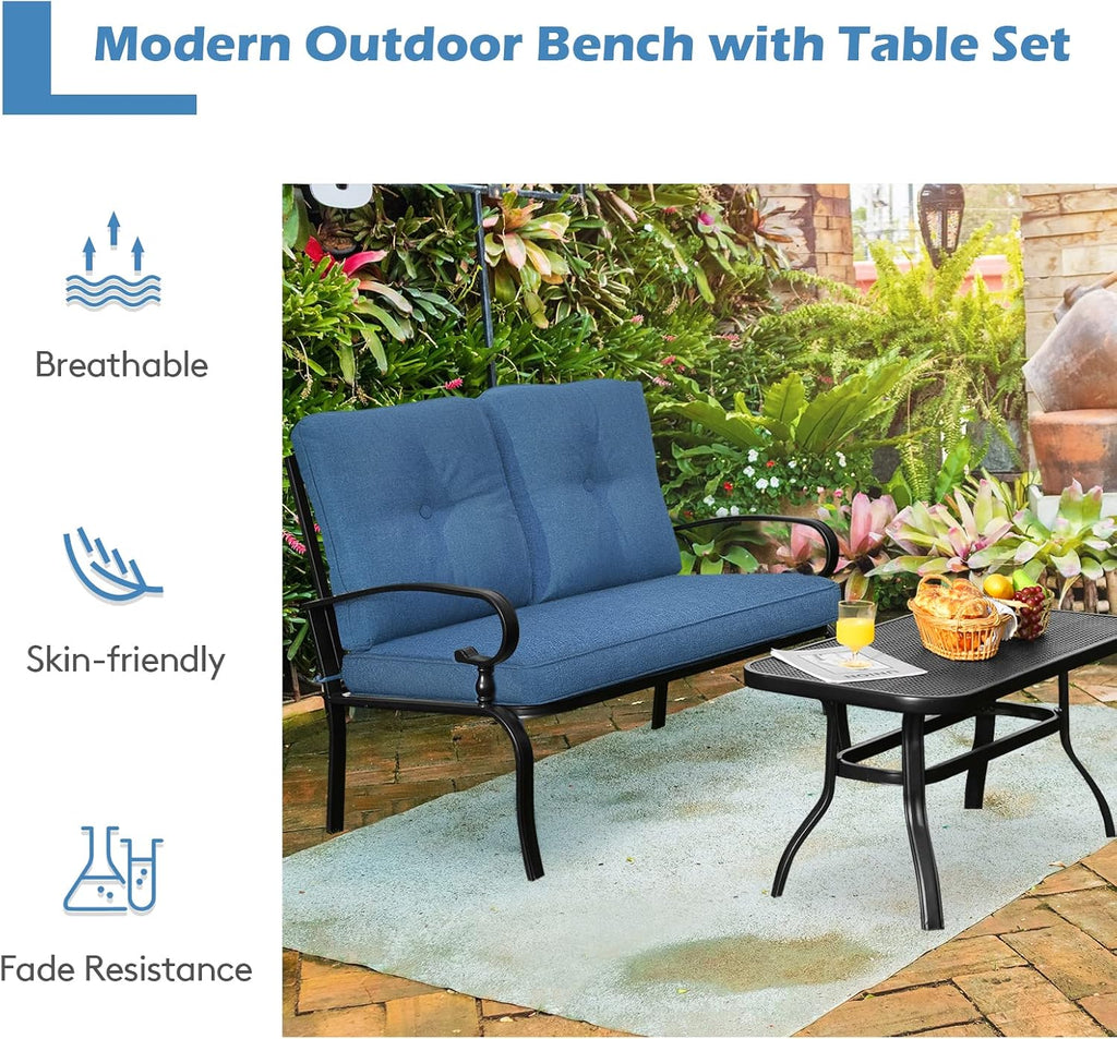 Giantex 2 Pcs Patio Loveseat with Coffee Table Outdoor Bench with Cushion and Metal Frame, Loveseat Furniture Set Sofa for Garden, Yard, Patio or Poolside