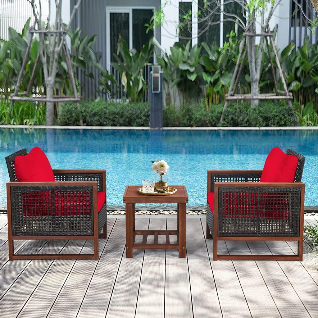HAPPYGRILL 3-Pieces Outdoor Patio Furniture Set Wicker Chairs with Coffee Table Balcony Porch Furniture Bistro Set with Acacia Wood Frame and Washable Cushions for Garden Poolside Backyard