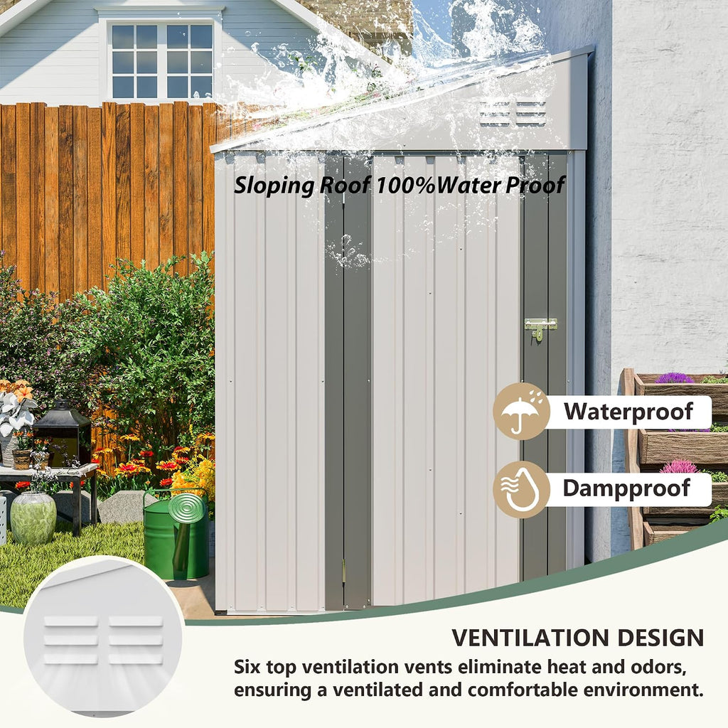 4 × 7 FT Lean to Storage Shed, Outdoor Metal Wall Side Bike Mower Sheds & Outdoor Storage Cabinet, Lockable Tool Organization Shed for Garden Patio