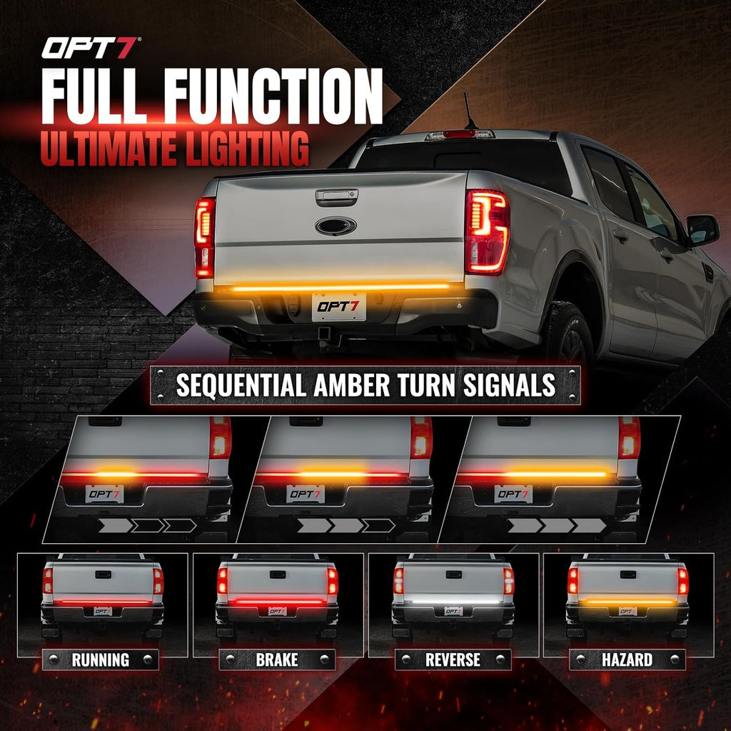 OPT7 Dynamic Taillight for F150 2021-2023 w/OE Halogen Taillights and Blind Spot Monitor – Redline 60' 2-Section Triple Row LED Truck Tailgate Light Bar w/Sequential Amber Turn + Plug'n'Play Harness