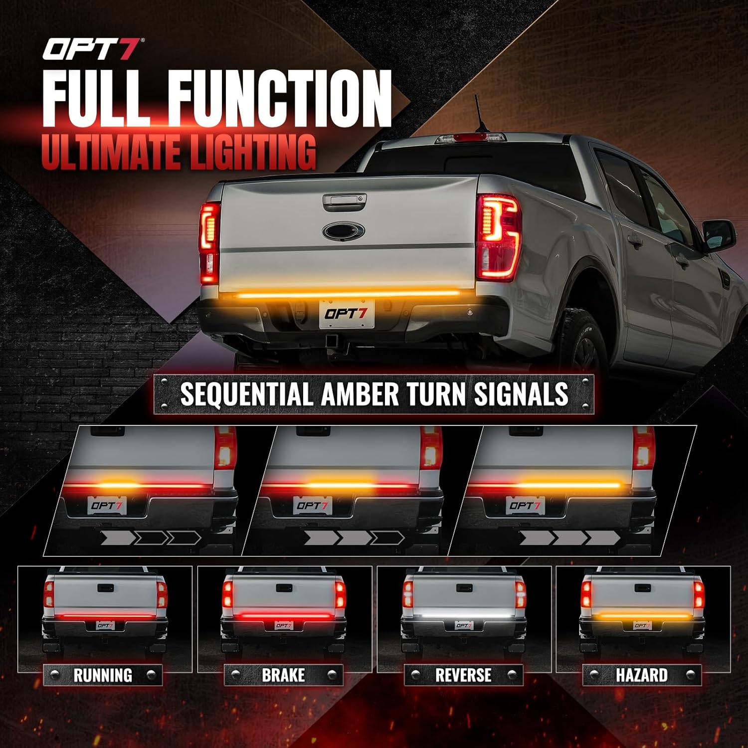 OPT7 Dynamic Taillight for F150 2021-2023 w/OE Halogen Taillights and Blind Spot Monitor – Redline 60' 2-Section Triple Row LED Truck Tailgate Light Bar w/Sequential Amber Turn + Plug'n'Play Harness