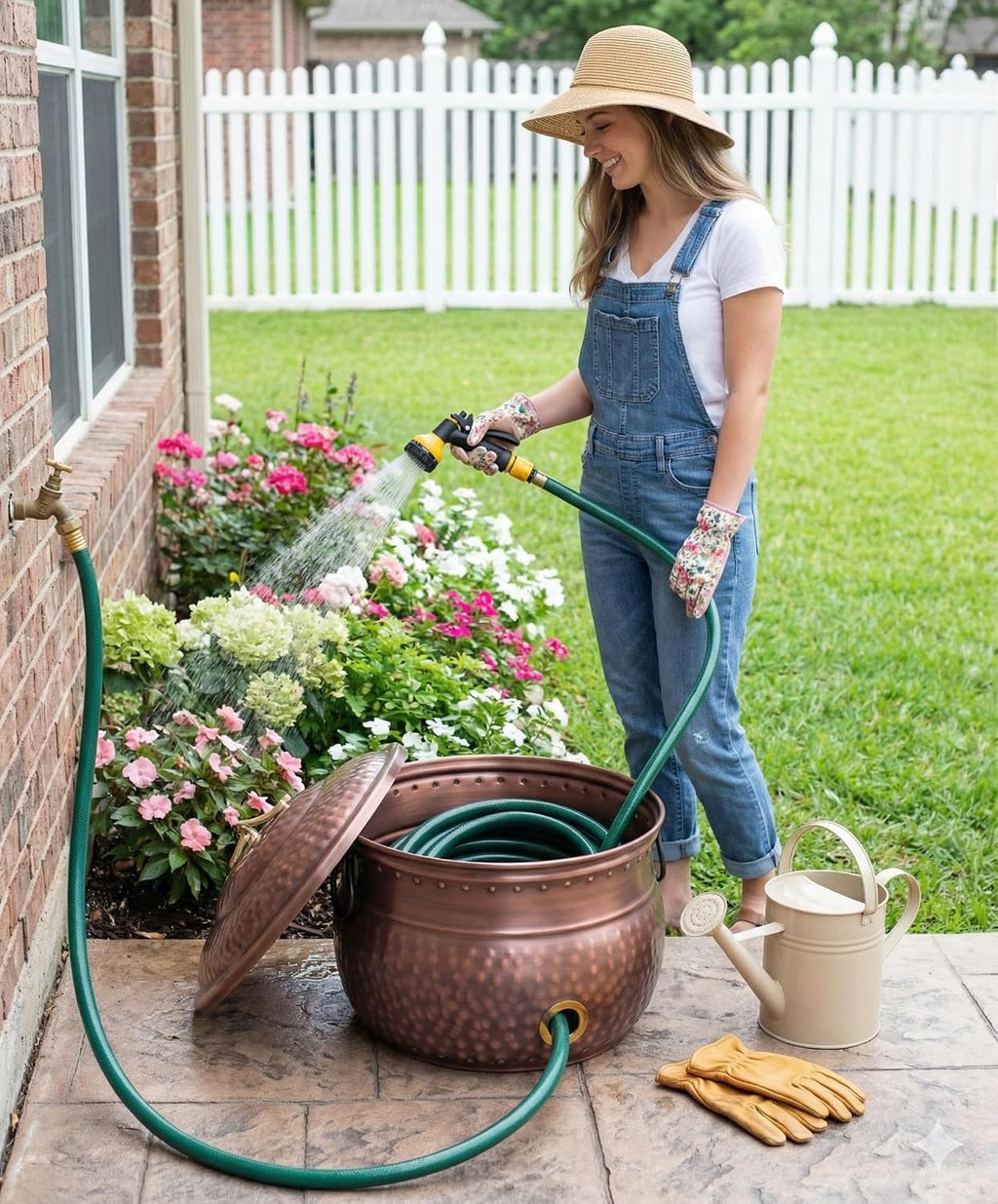 BIRDROCK HOME Water Hose Holder with Lid | Ground Garden Hose Pot | Decorative | Handle | Embossed | Steel Metal with Copper Accents | Outdoor or Indoor Use