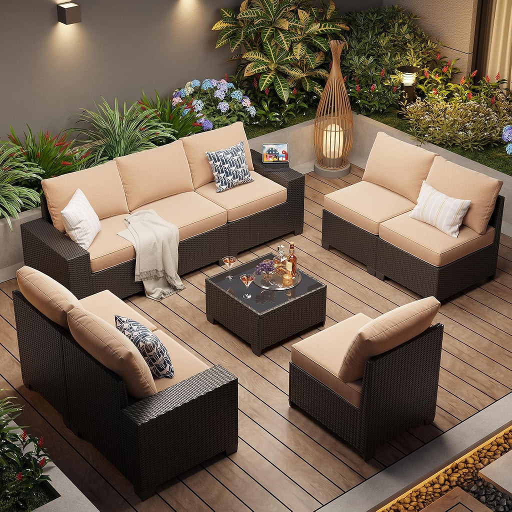 Aoxun Patio Furniture Set, 9 Pcs Outdoor Patio Furniture Sets with 4 in Thicken Cushion, Widen Armrests Wicker Outdoor Sectional for Backyard & Garden, Beige