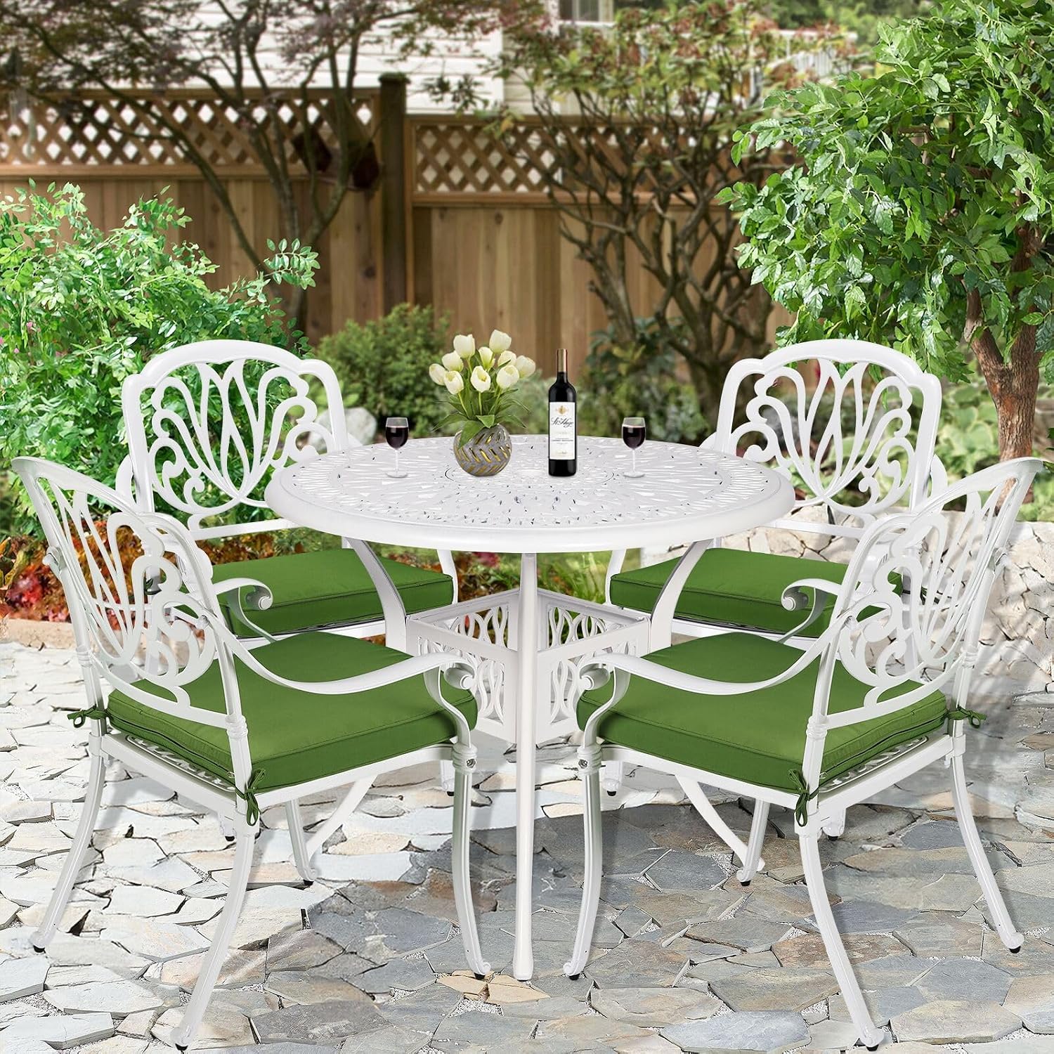 5-Piece Outdoor Patio Dining Set, All-Weather Cast Aluminum Patio Furniture Set for Backyard Garden Deck with 4 Chairs, 4 Cushions and 35.4' Round Table, 2.2' Umbrella Hole, White
