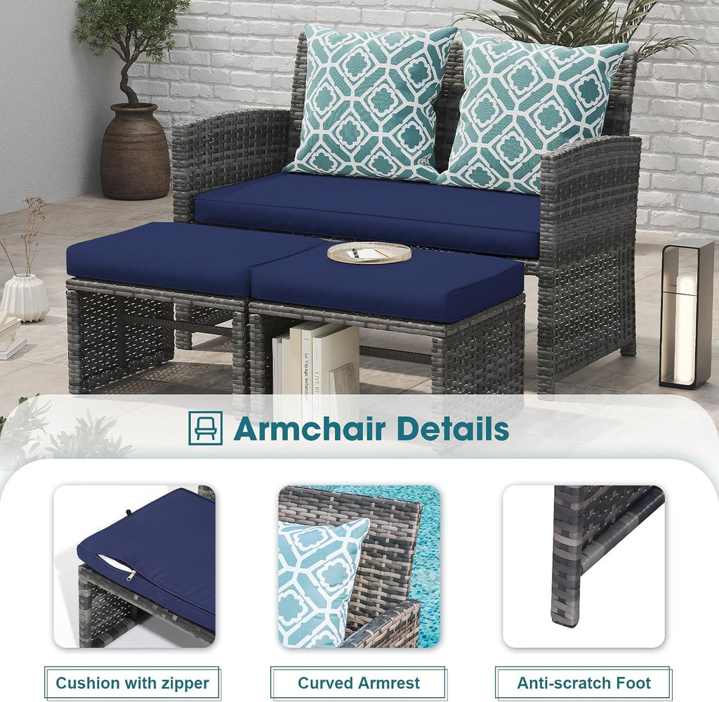 OC Orange-Casual Patio Furniture Sets,8 Pieces Conversation Set, Outdoor Wicker Bistro Set, All Weather Sectional Loveseat Chairs with Ottoman & Coffee Table, Grey Rattan with Navy Blue Cushion