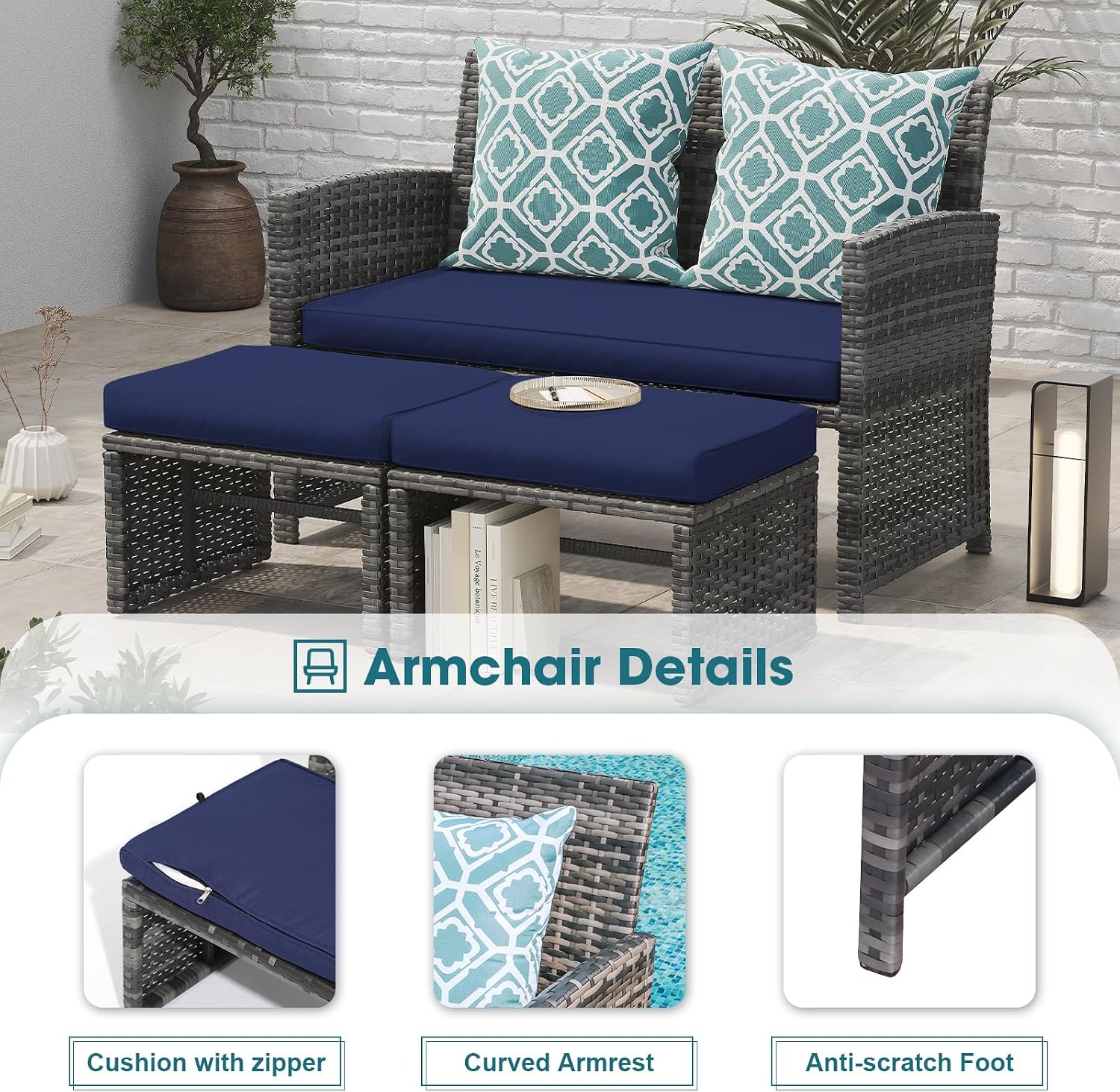 OC Orange-Casual Patio Furniture Sets,8 Pieces Conversation Set, Outdoor Wicker Bistro Set, All Weather Sectional Loveseat Chairs with Ottoman & Coffee Table, Grey Rattan with Navy Blue Cushion