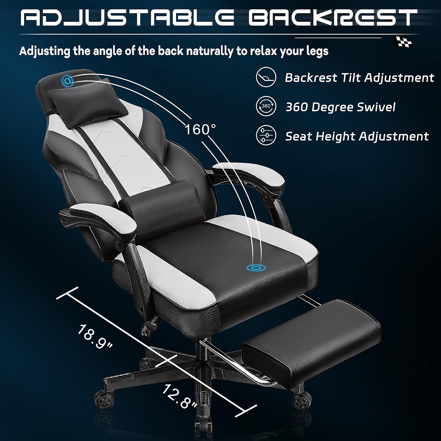 Big and Tall Gaming Chair for Adults, Heavy Duty Computer Chair with Footrest, Video Game Chair, Massage Lumbar Support, Wide Seat High Back Reclining Desk Chair, White