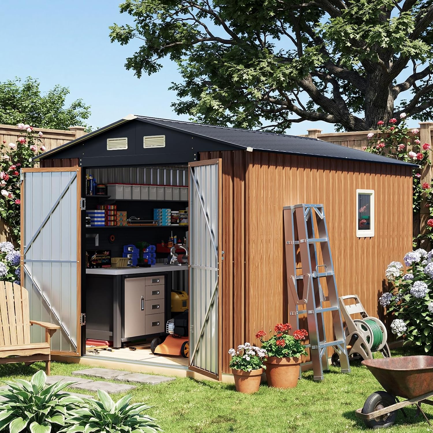 Florise Storage Shed, Large Outdoor Shed with Floor Base, Window, Lockable Doors, Outside Metal Steel Shed for Garden, Backyard, Lawn, Patio Utility, Tool Storage (8x10 FT/Base)