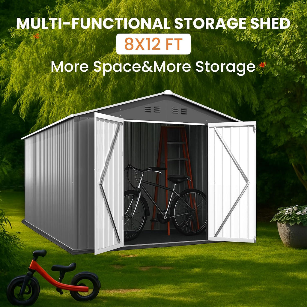 8x12 FT Outdoor Storage Shed Metal Garden Storage Shed Updated Frame Structure with Double Lockable Doors, Steel Anti-Corrosion Tool Sheds Waterproof for Backyard, Pool, Patio, Light Gray