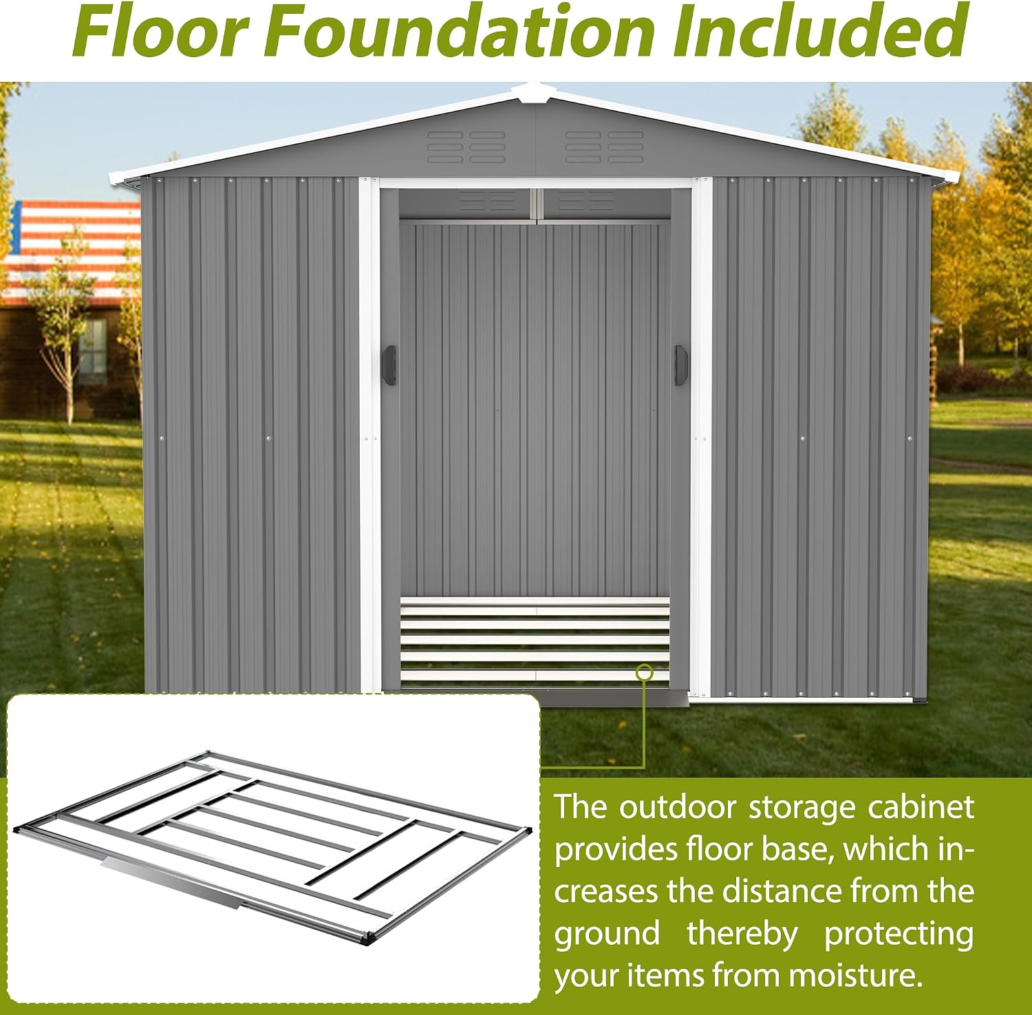8x6 ft Outdoor Metal Storage Shed with Sliding Door, Heavy-Duty Weather Resistant Steel Garden Shed with Floor Base Kit Included