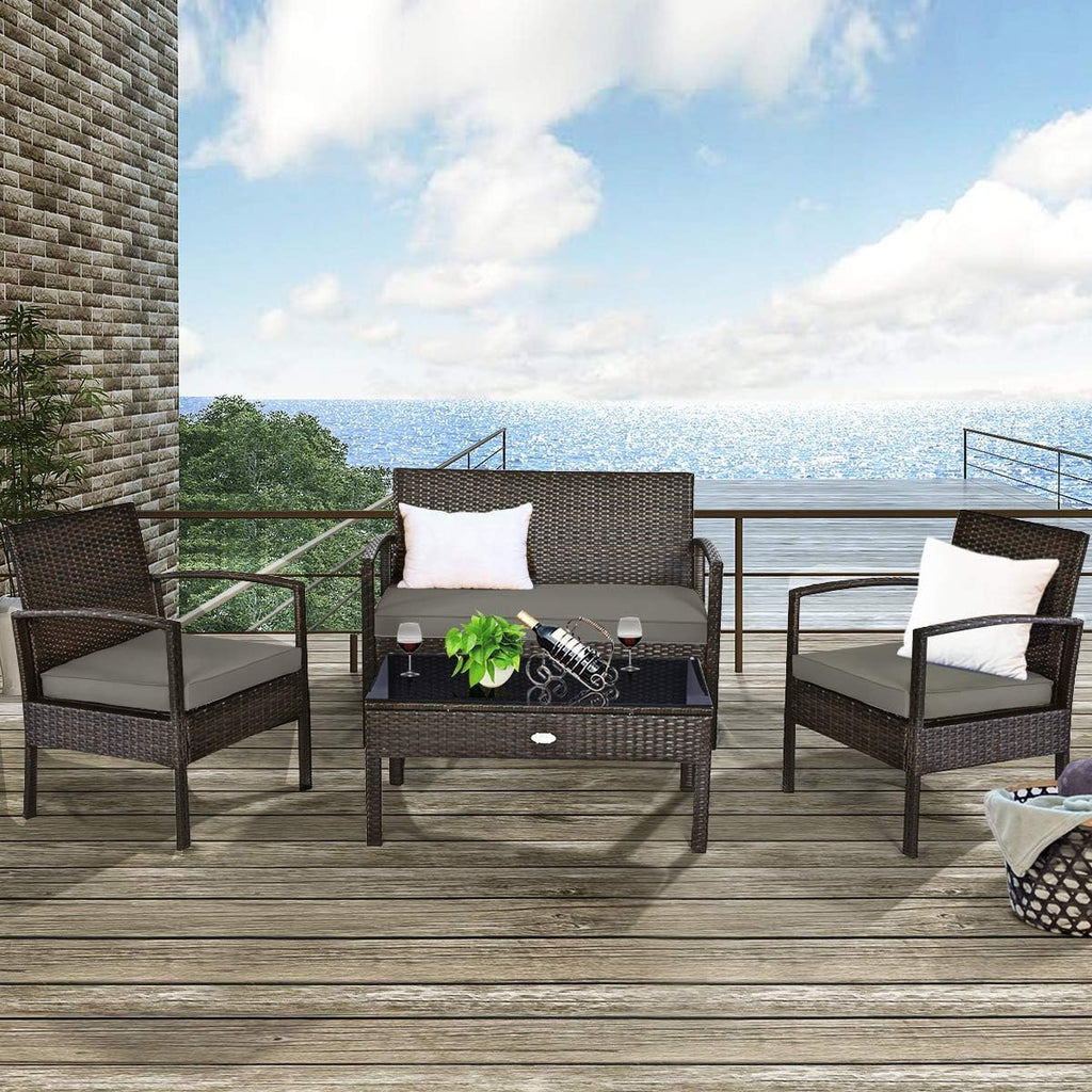 Tangkula 8-PCS Wicker Patio Conversation Furniture Set, Outdoor Rattan Chair and Table Set, Patio Furniture Sets with Coffee Table & Washable Cushions for Courtyard Balcony Garden (2, Brown)