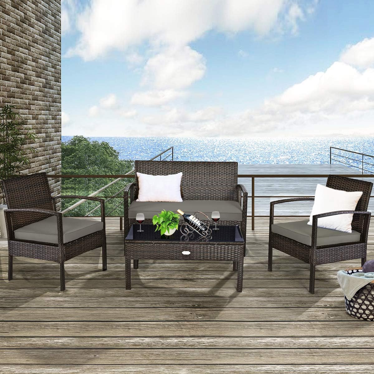 Tangkula 8-PCS Wicker Patio Conversation Furniture Set, Outdoor Rattan Chair and Table Set, Patio Furniture Sets with Coffee Table & Washable Cushions for Courtyard Balcony Garden (2, Brown)