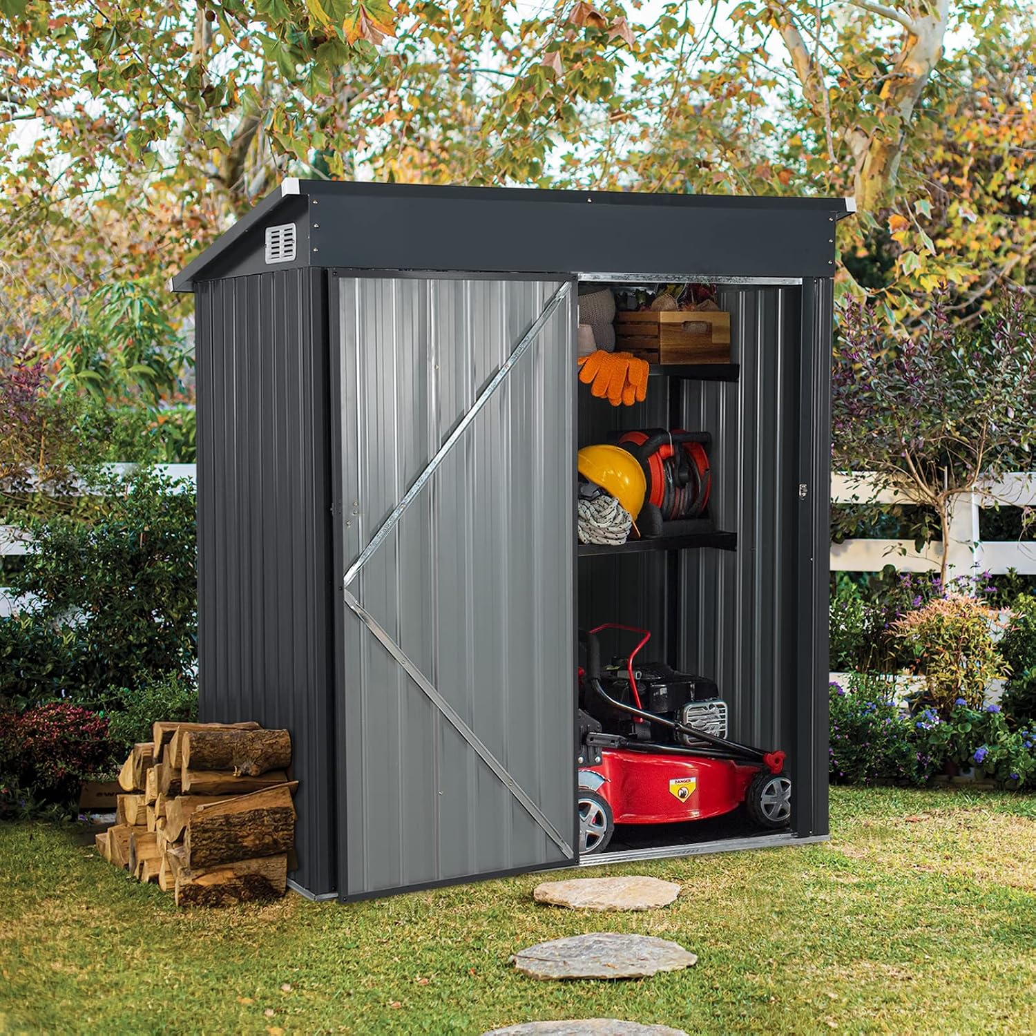 Verano Garden 5'x3' Outdoor Storage Shed, Galvanized Metal Steel Garden Shed W/Lockable Door, Small Waterproof Storage Shed for Backyard, Patio, Lawn (55.31' x 30.12', Black)