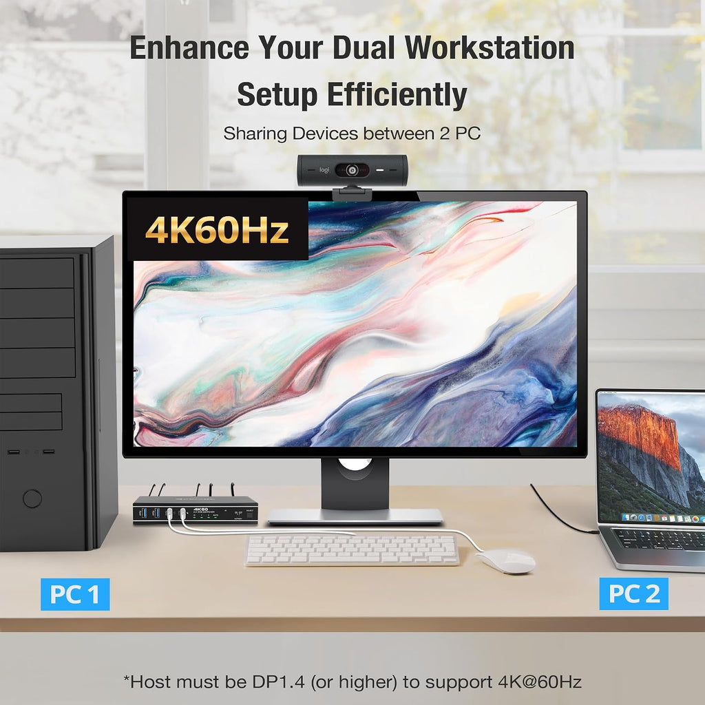 2x1 HDMI/USB-C 4K60Hz KVM Switch with PD Pass-Through - Selector for 2 Computers Sharing 4K Monitor Keyboard Mouse - Includes Cables to Connect Host Devices - Supports 100W Fast Charging