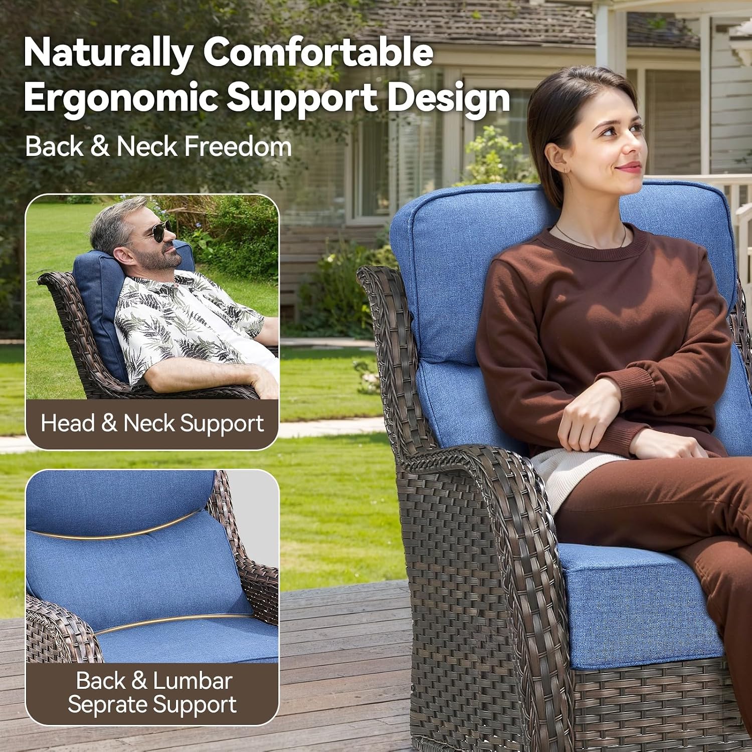 HUMMUH Outdoor Patio Wicker Swivel Rocker Chairs with 6-Inch Thick Cushion High Back 3 PCS Wicker Conversation Set for Porch Balcony Deck