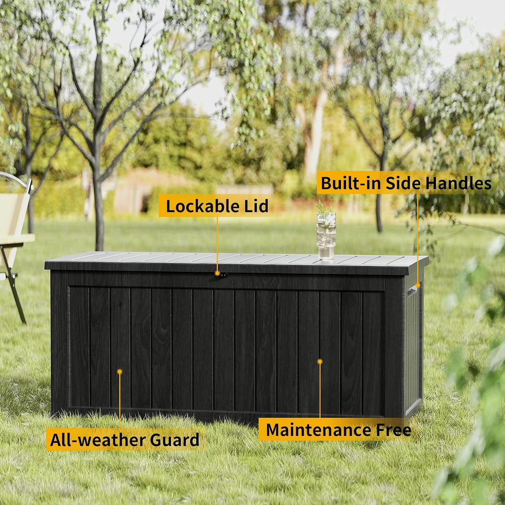 Outdoor Storage Deck Box Waterproof, 150 Gallon Large Lockable Patio Storage Bin Chest, Resin Outside Container Seat Bench for Furniture Cushions, Pool Accessories, Garden Tools & Delivery, Black