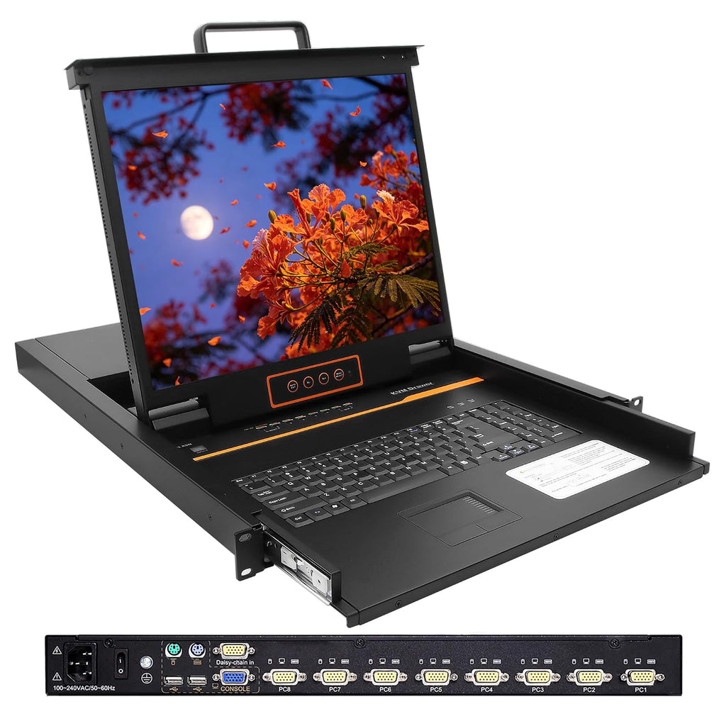 1U Rack Mount KVM Console Built-in 8 Port VGA KVM Switch, 19' Rackmount Monitor Keyboard Touchpad, OSD/Hotkey/Button Switch,1280X1024@60Hz 5:4 Ratio, Incl. Cables,Compatible with Windows,Linux,Mac,Sun