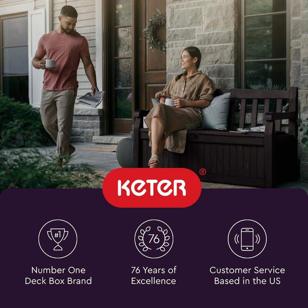 Keter Solana 70 Gallon Storage Bench Deck Box for Patio Furniture, Front Porch Decor and Outdoor Seating – Perfect to Store Garden Tools and Pool Toys, Brown/Brown