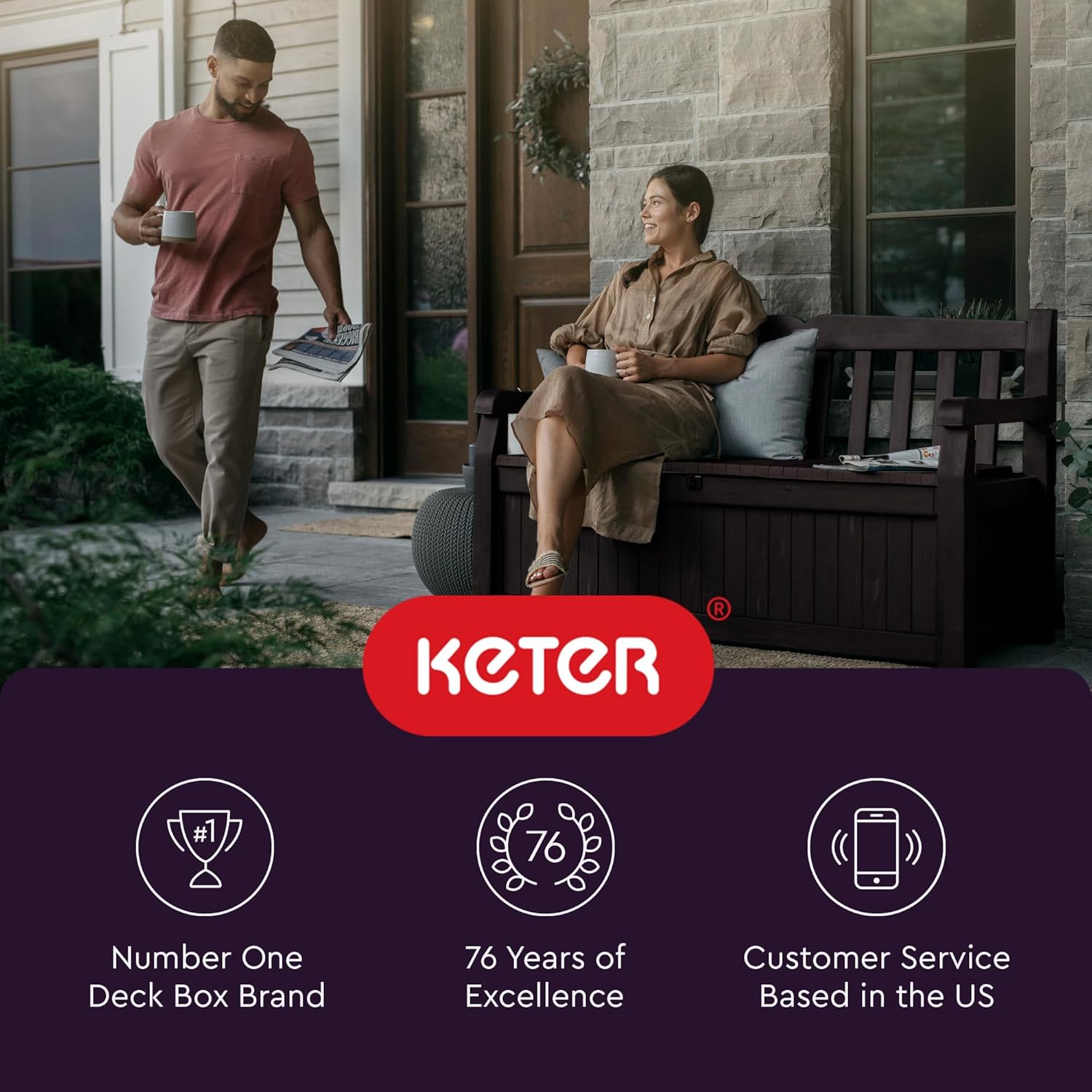 Keter Solana 70 Gallon Storage Bench Deck Box for Patio Furniture, Front Porch Decor and Outdoor Seating – Perfect to Store Garden Tools and Pool Floats, Graphite