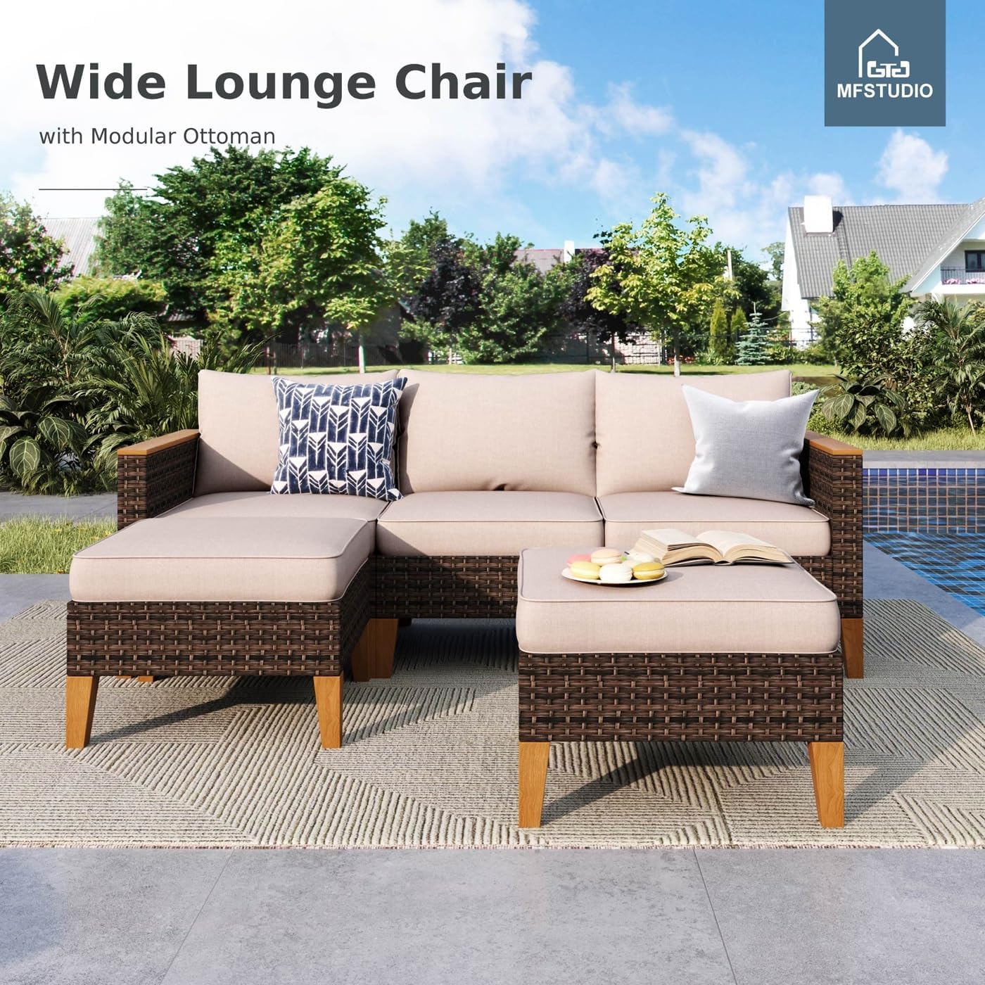 MFSTUDIO 8 Piece Wicker Patio Furniture Sets, 2 x Swivel Sofa, 2 x Ottoman, 4 x Corner Sofa, All-Weather PE Rattan Patio Conversation Set Outdoor Sectional Sofas for Garden(Beige Cushions)