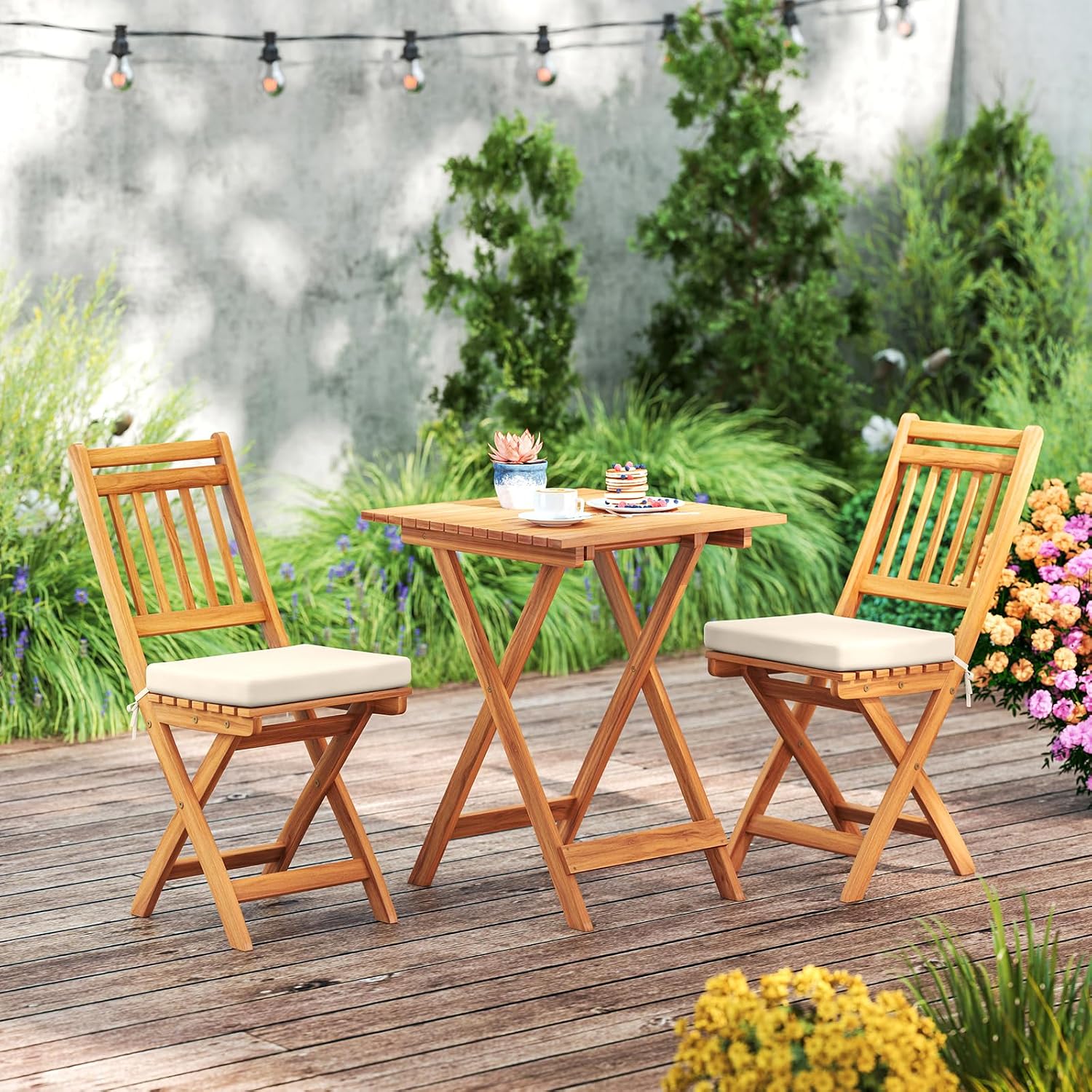 HAPPYGRILL 3-Piece Folding Bistro Set Acacia Wood Patio Furniture Set with Seat Cushions, Outdoor Square Table and Chairs Set of 2 for Backyard, Balcony, Porch, Garden (Back Style B)
