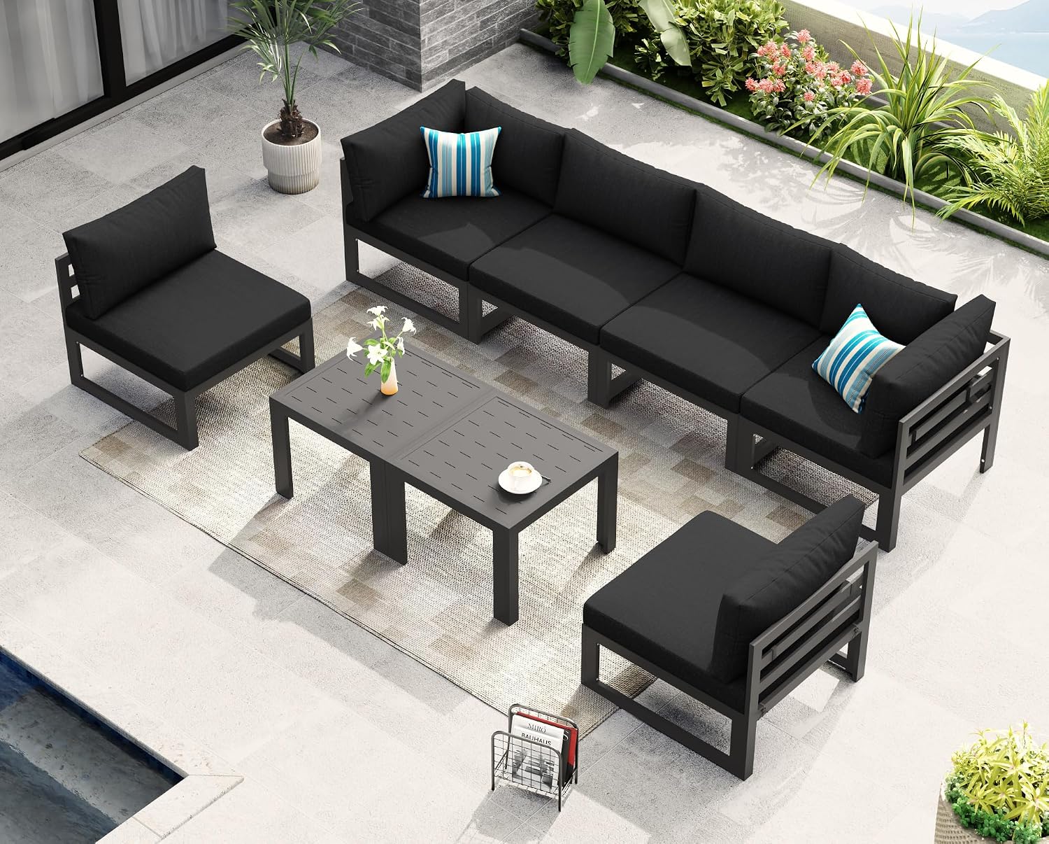 NICESOUL 8 Piece Modern Aluminum Patio Furniture Set Deep Seated, Extra Wide Modular Outdoor Sectional for 6 People, 500 lbs Heavy Duty L-Shaped Oversized Sofa Couch for Outside Backyard, Ember Black